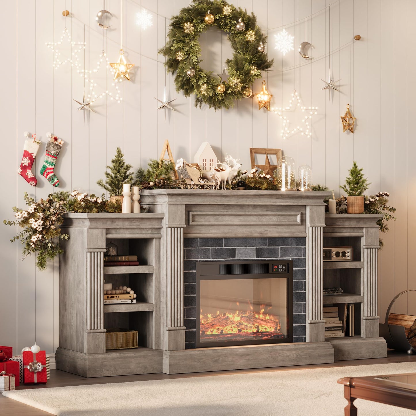 GAOMON 71 Inch Fireplace TV Stand, Wooden Entertainment Center with 23 Inch Electric Fireplace, 3D Realistic Flame, Farmhouse Media Console with Storage Cabinets for Living Room, White+Brow