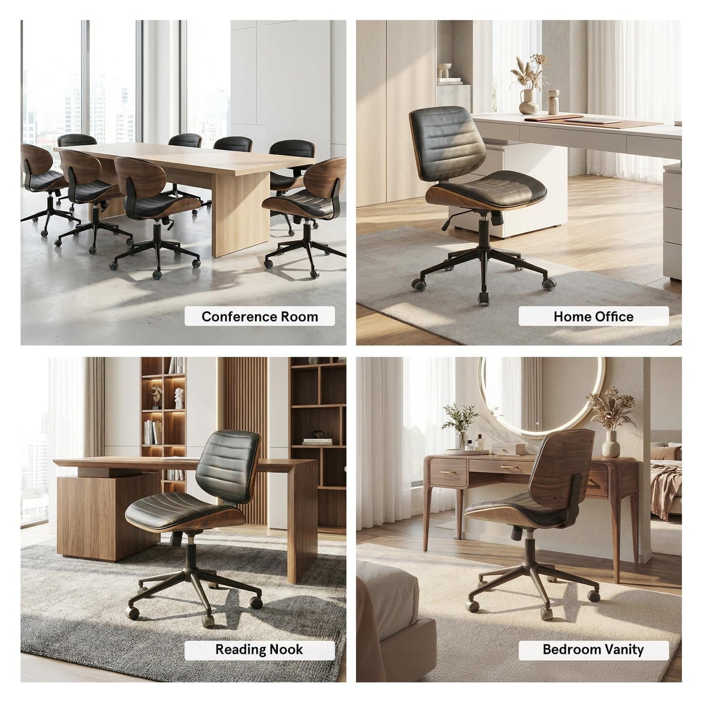Sytopia Small Desk Chair for Home Office, Adjustable Height Swivel Armless Office Chair No Arms, Mid Century Modern Chair with Wheels, Walnut Wooden Sturdy Furniture, Easy Assembly, Vintage Black