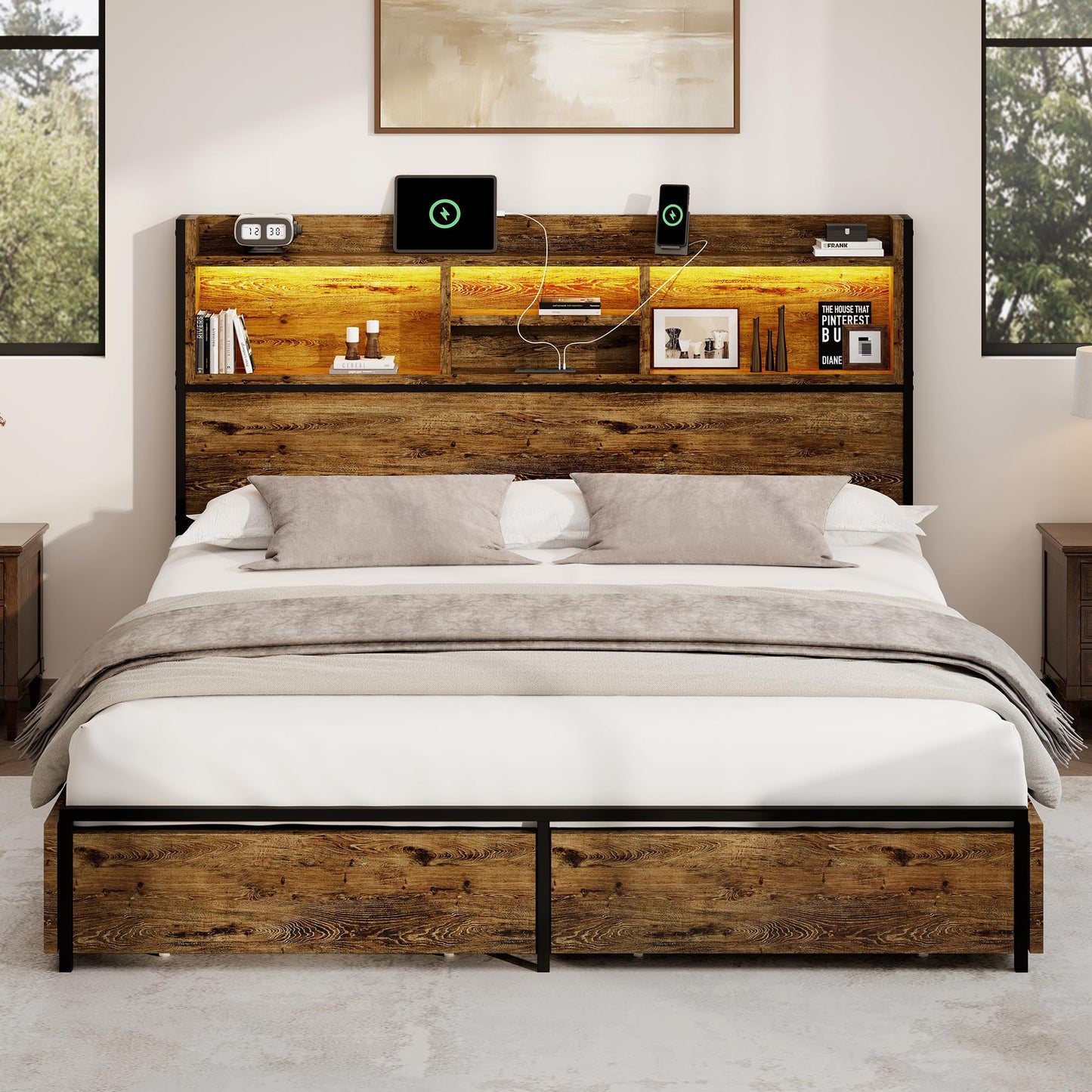 BRELTAM King Storage Bed Frame with 6 Drawers, USB Charging Station, No Noise, No Box Spring Required, Vintage Brown Headboard Platform Bed