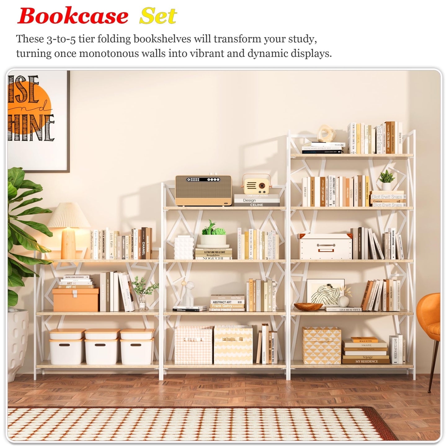 UDD No Assembly Wide Folding Bookshelf, 64.3" H x 30.9" W, 5 Tier Foldable Book Shelf Industrial Bookcase, Vintage Collapsible Storage Shelves for Home Office Living Room Bedroom, Light Oak White