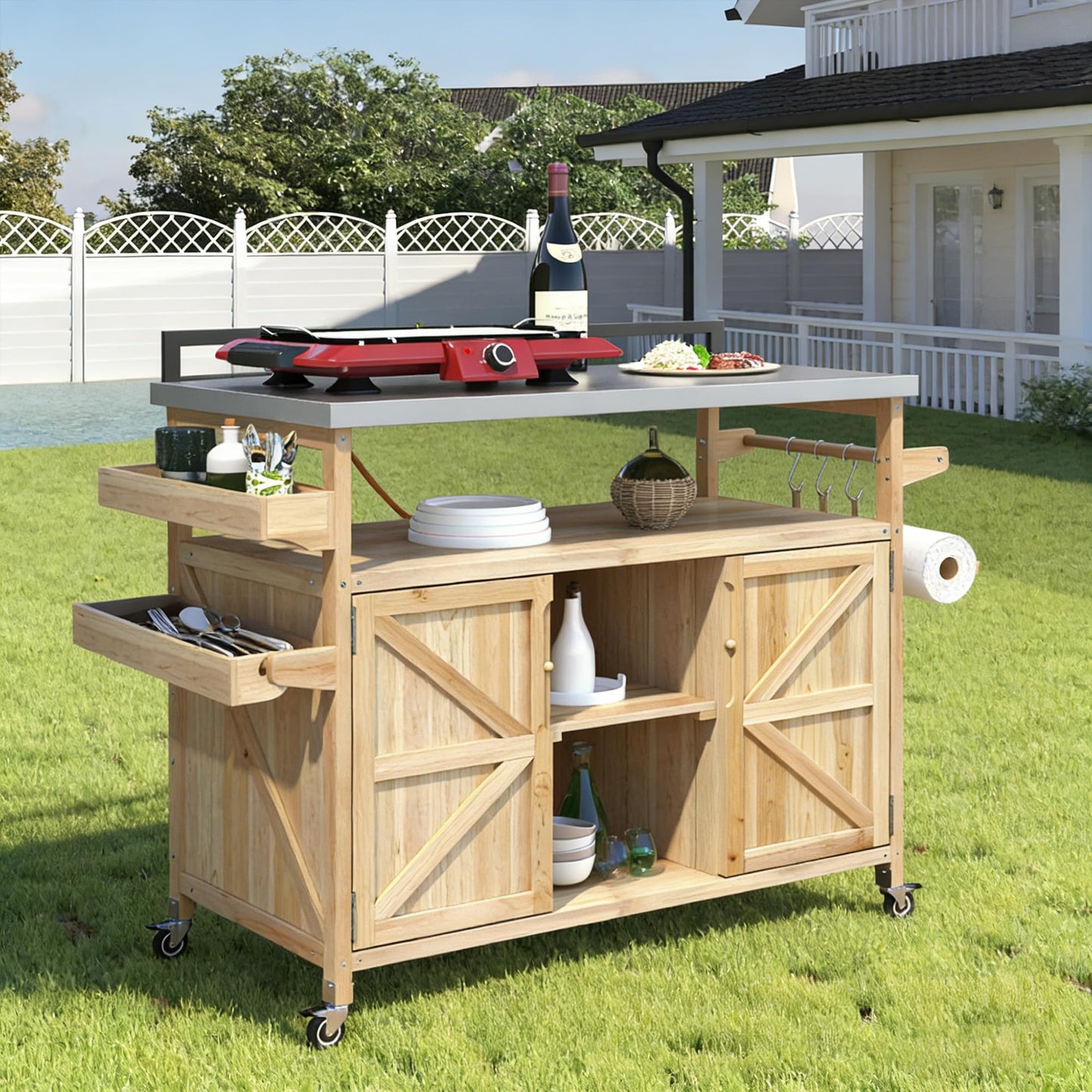 Bellemave Outdoor Kitchen Island with Stainless Steel Top, Rolling Bar Cart & Storage Cabinet, Outdoor Grill Cart with Spice & Towel Rack, Rolling Island Table for Kitchen & BBQ, Natural