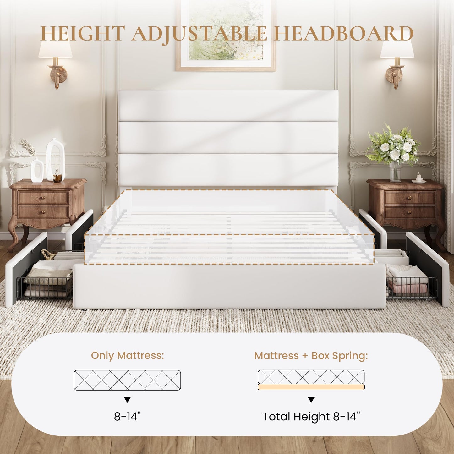 SHA CERLIN Queen Size Platform Bed Frame with 4 Storage Drawers, Velvet Upholstered Headboard, Mattress Foundation with Wooden Slats Support, No Box Spring Needed, Easy Assembly, White