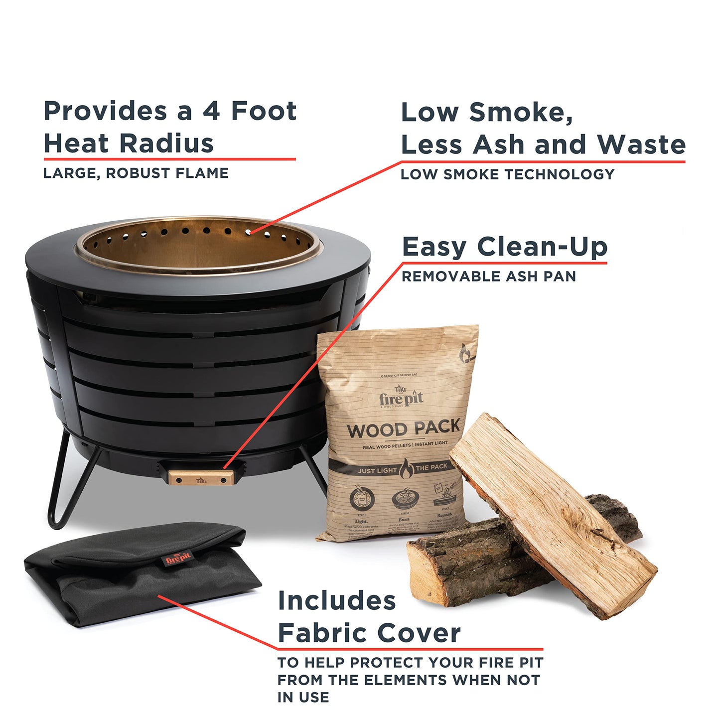 TIKI Patio Smokeless Outdoor Fire Pit, 25-Inch Wood-Burning Bonfire with Removable Ash Pan, Stand, and Weather-Resistant Cover