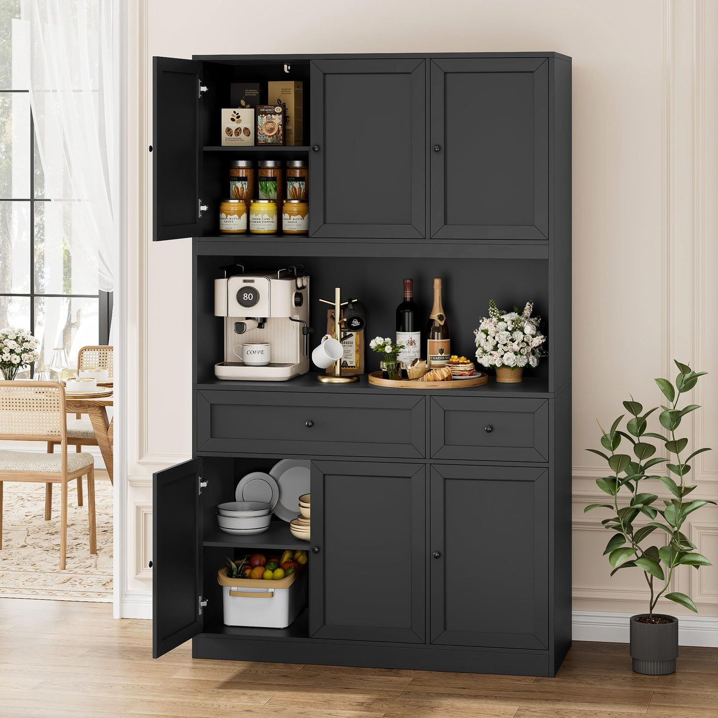 BOTLOG 72" Kitchen Pantry Cabinet, Kitchen Hutch with Microwave Stand, Buffet Cabinet with Hutch for Dining Room, Black