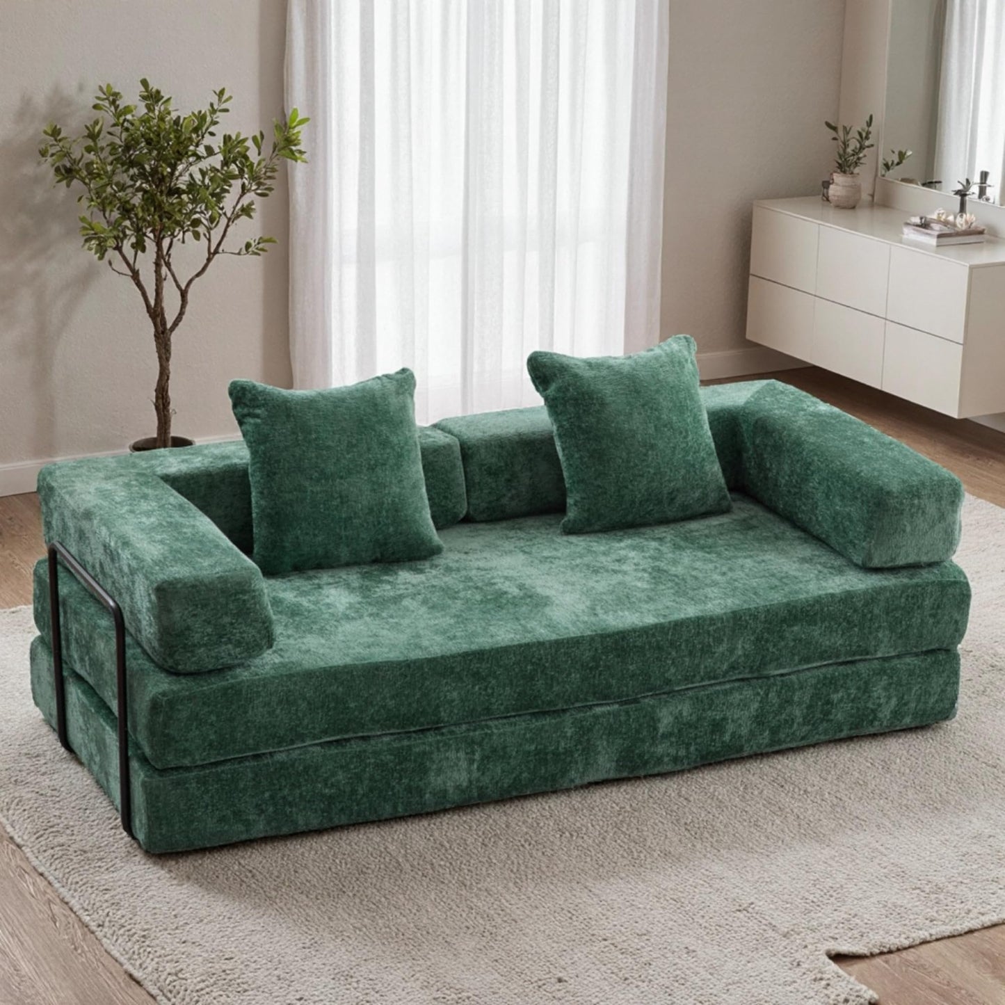 Trygoal 78”Convertible Sofa Bed, 4-in-1 Futon Boneless Couch with Armrest & Pillows, Compressed Chenille Folding Sleeper Bed for Living Room, Guest Room and Dorm, Dark Green