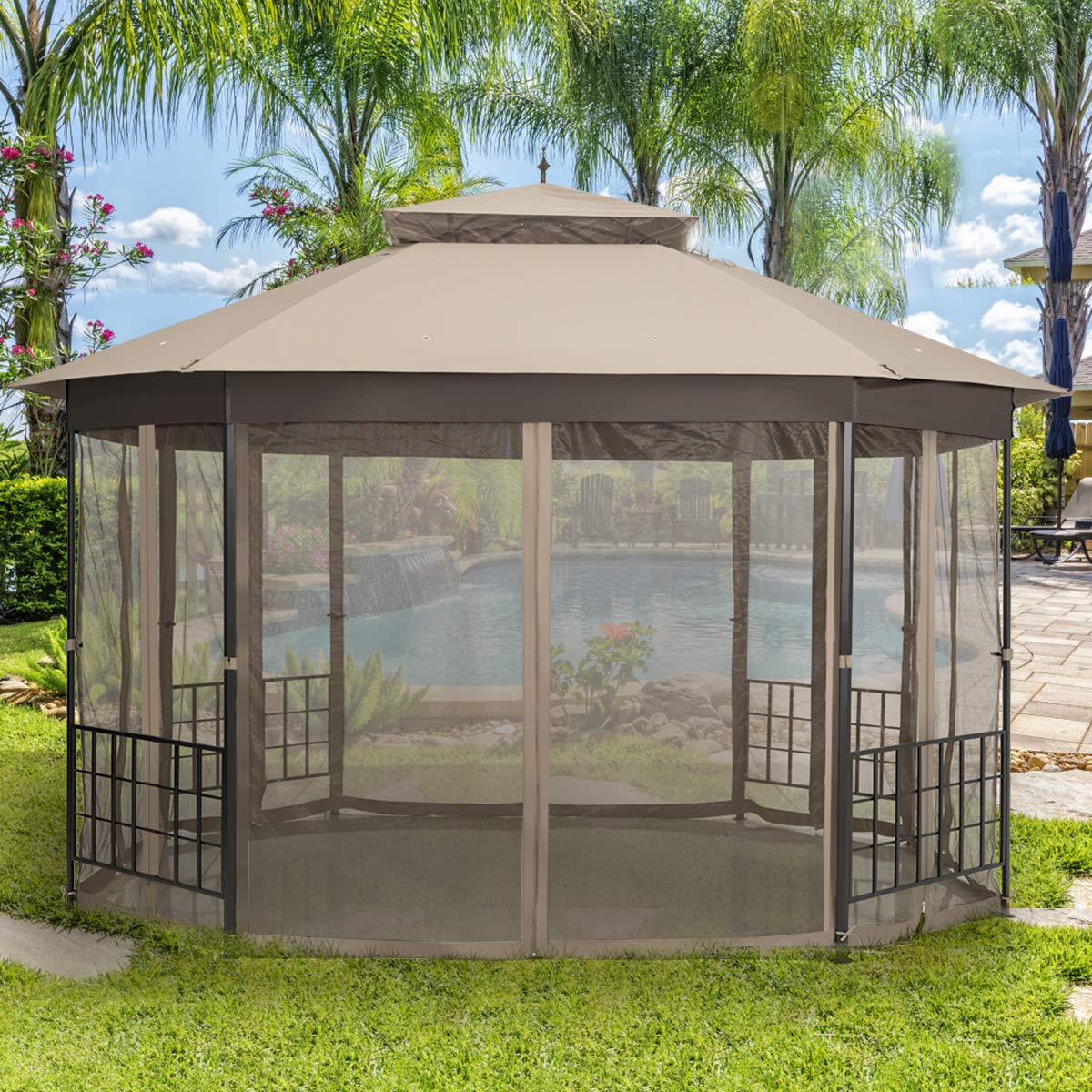Tangkula 10 x 12 Ft Patio Gazebo, Heavy Duty Octagonal Canopy with Netting Sidewalls & Sturdy Steel Frame, Double Roof Vented Shelter for Backyard Event Party BBQ (Brown)