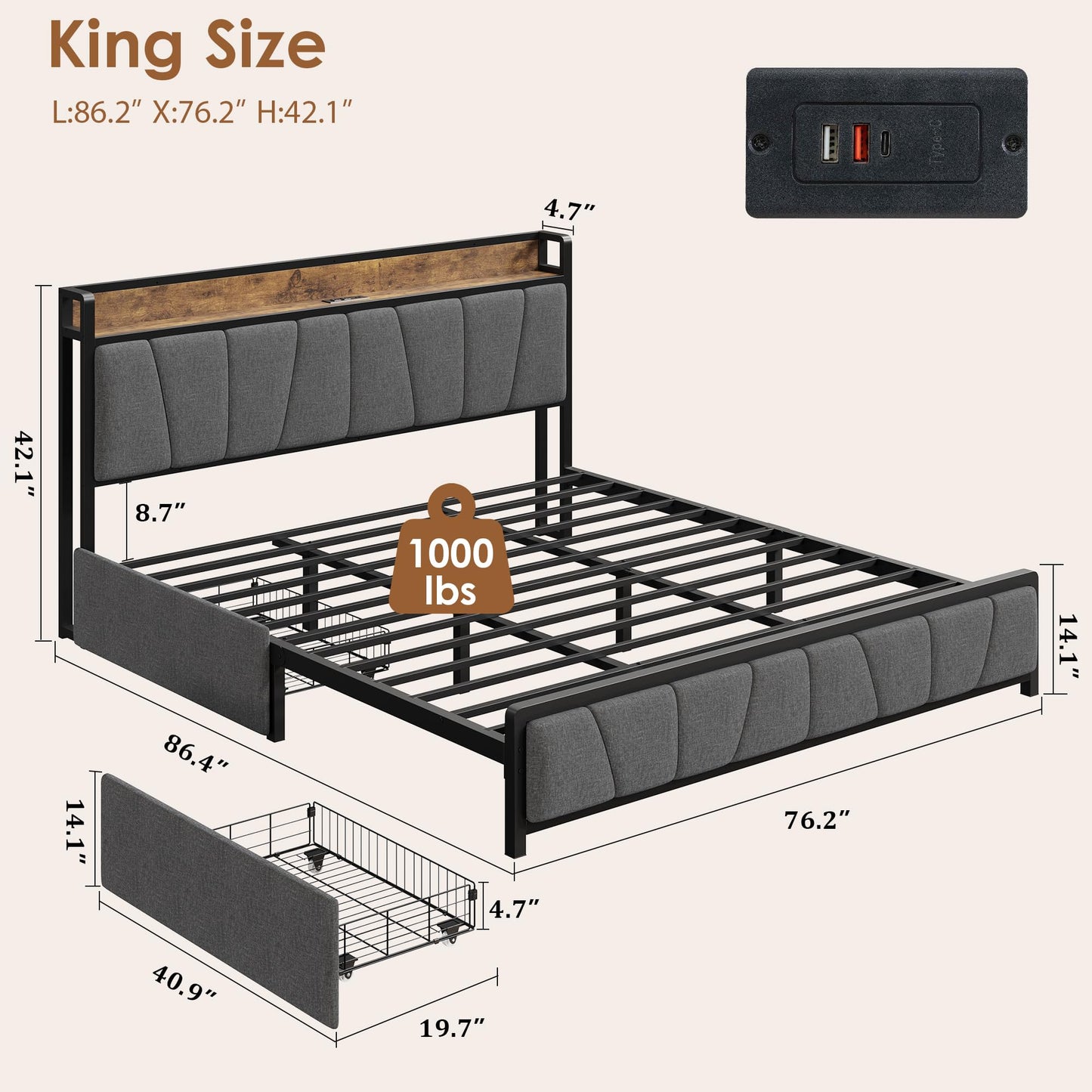 GarveeHome King Size Bed Frame with 2 Storage Drawers and Charging Station, Rustic Linen Upholstered Platform Bedframe with Storage Headboard, No Box Spring Needed, Easy Assembly, Noise Free, Grey