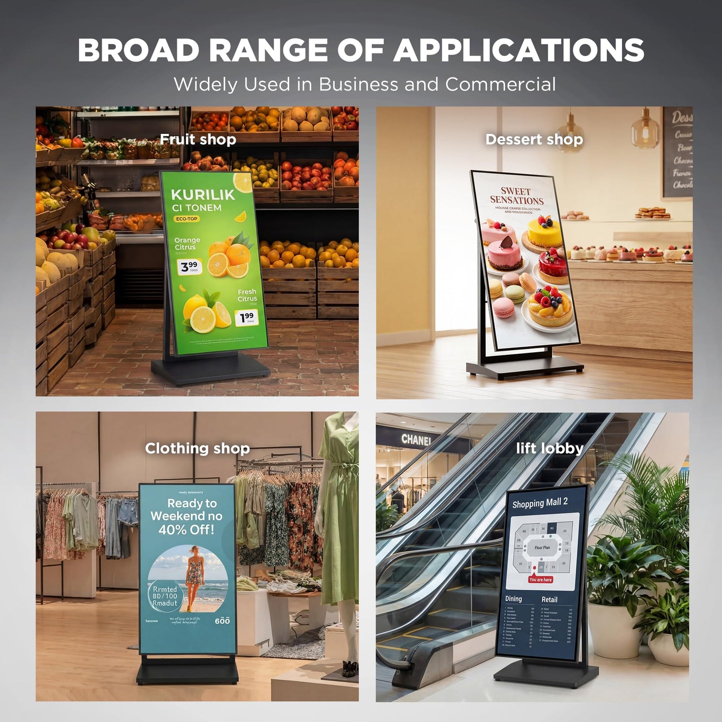 JASZDOT 43 Inch Digital Signage Display, 4K 800 Nits UHD Full Screen LCD Advertising Kiosk, Portable Floor Standing Auto AD Player Android14 App-Based Control with USB/HDMI/WiFi