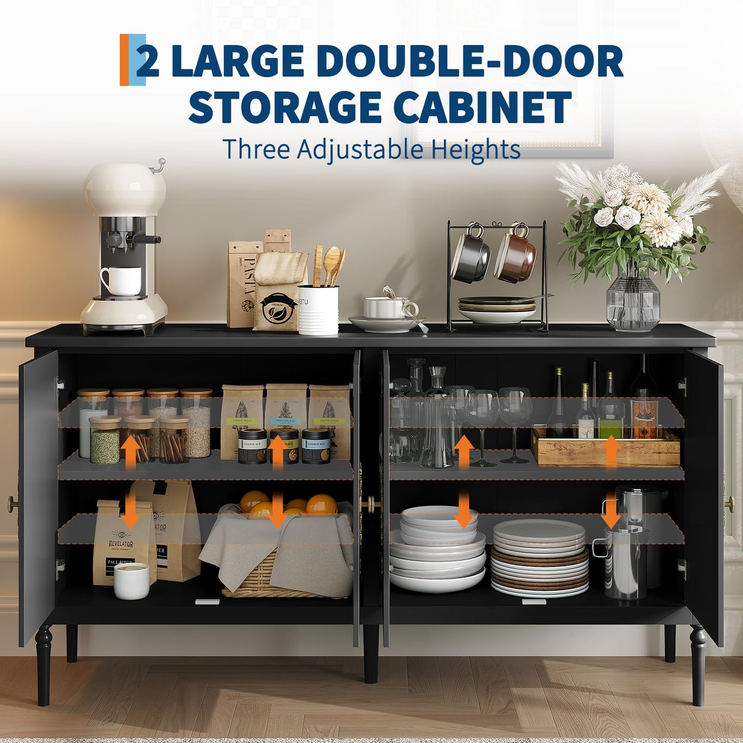 MilleLoom 59" W Buffet Cabinet with Storage, Kitchen Storage Cabinet Wood Console Table Coffee Bar Accent Cabinets for Living Room Dining Room Entryway, Black