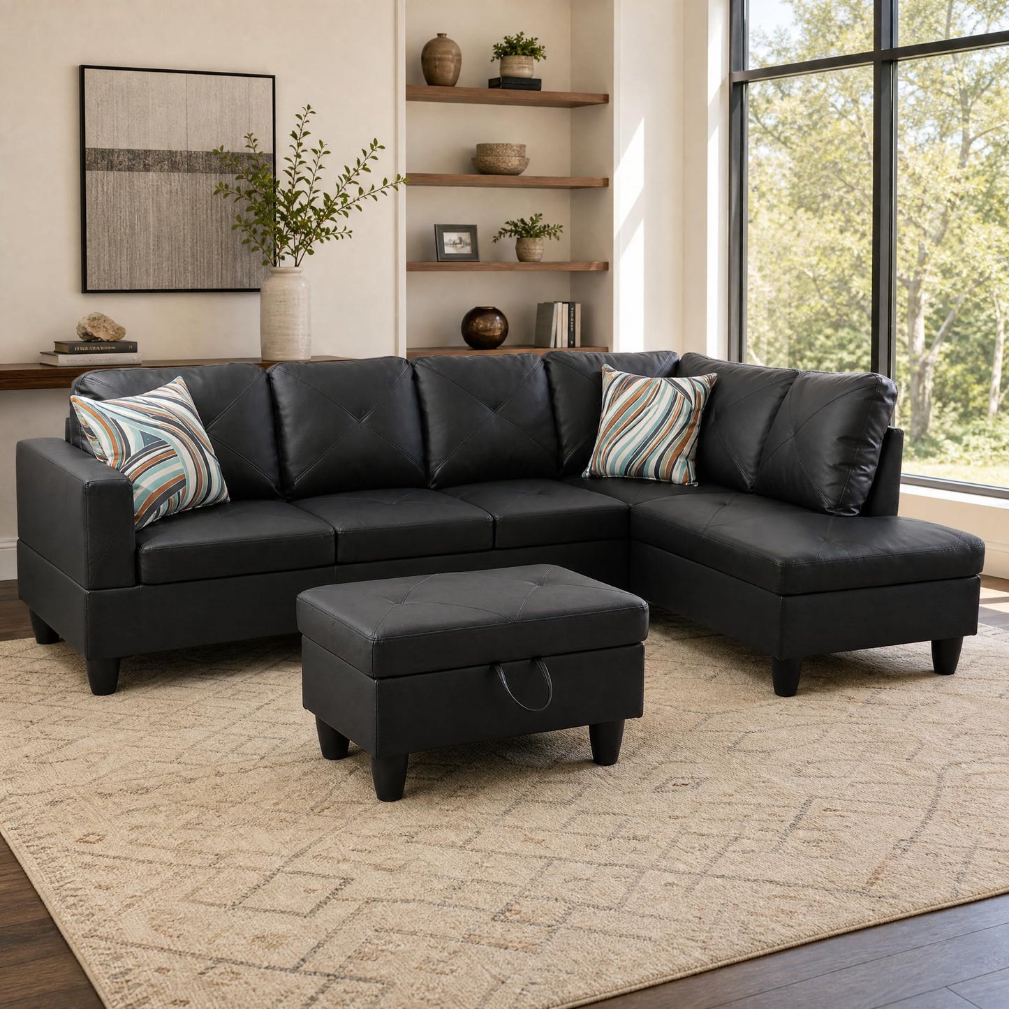 Trygoal 97" Leather L Shaped Couch with Right Chaise & Cup Holder, Sectional Sofas Modular Furniture Set with Storage Ottoman, Convertible Couches for Living Room, Small Space & Office (Black)