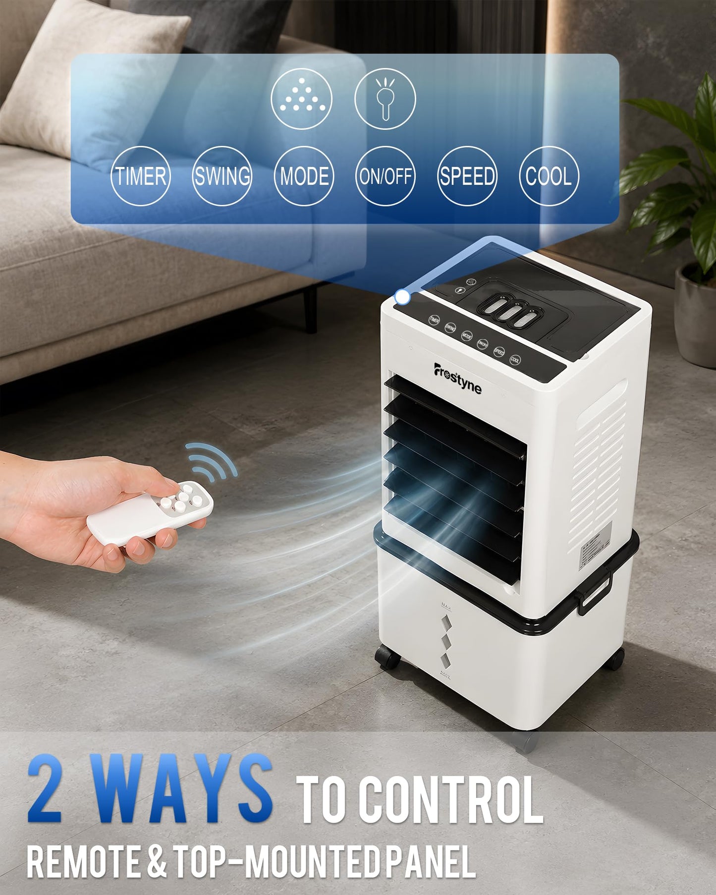 Frostyne Portable Evaporative Air Cooler w/Humidifier – 3Ga Water Tank, 10 Ice Packs, 6 Speeds & 4 Modes, Timer & Remote, Windowless Portable Fan for Bedroom, Home, Office,Black