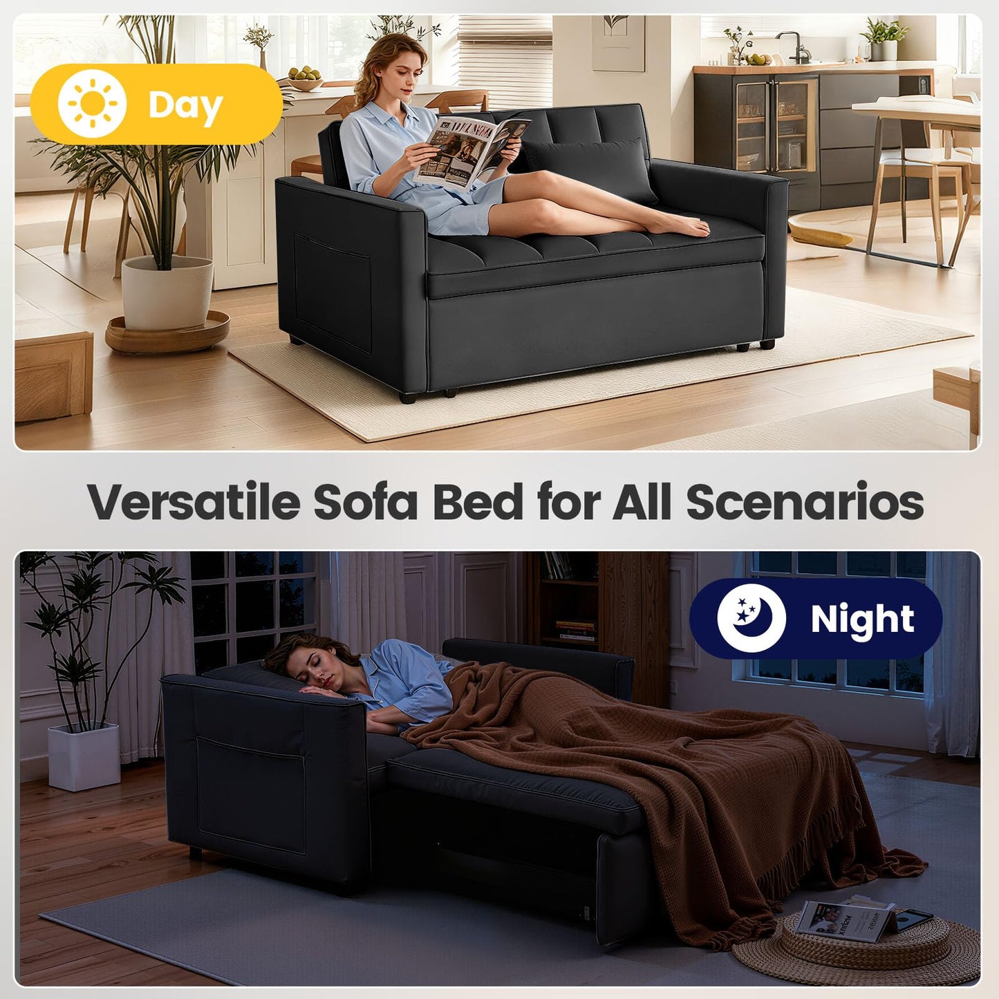 Trygoal Pull Out Couch, Loveseat Sleeper Sofa Bed with Side Pockets, 3 in 1 Velvet Fabric Convertible Sofa Bed with Adjustable Backrest for Living Room, Bedroom, Apartment, Black