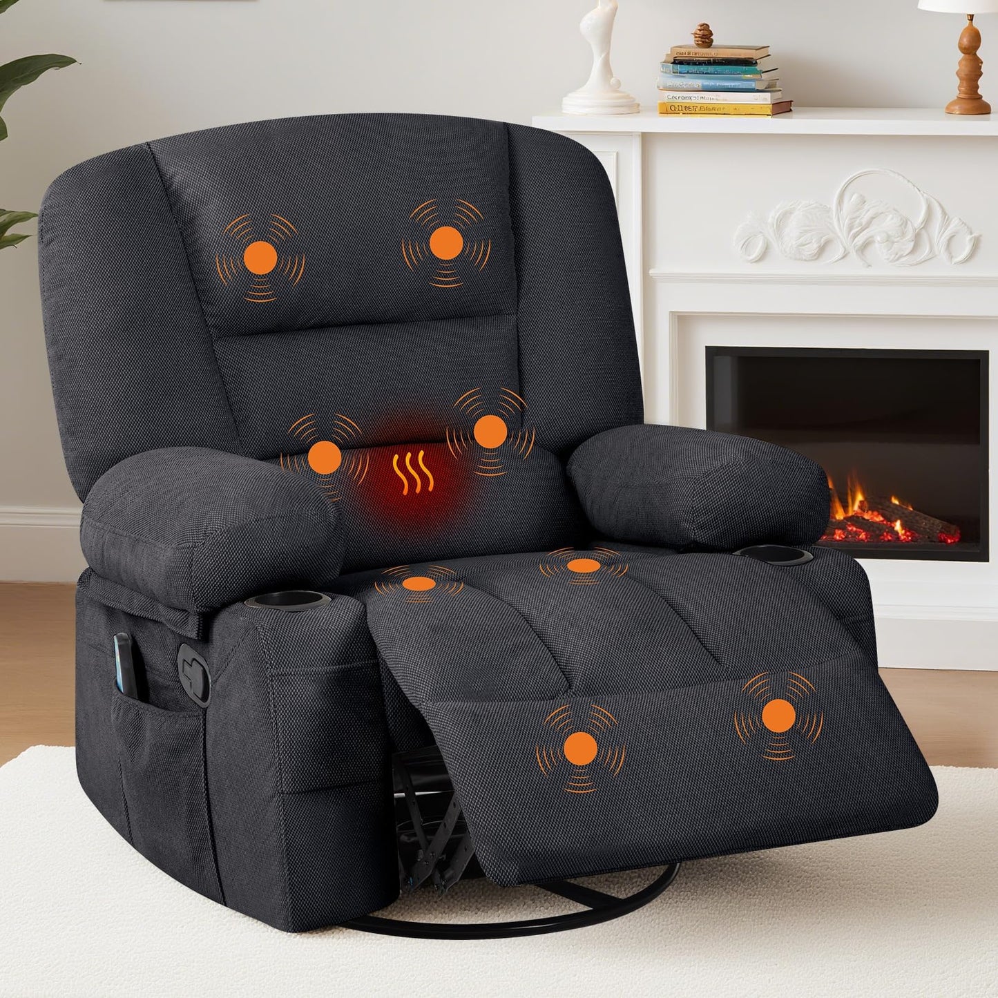 Oversized Wide Recliner Chair with Vibration Massage and Heat, 360° Swivel Recliner Glider for Adults,Chenille Fabric Manual Reclining Single Sofa with Cup Holders & Side Pockets for Living Room,Black