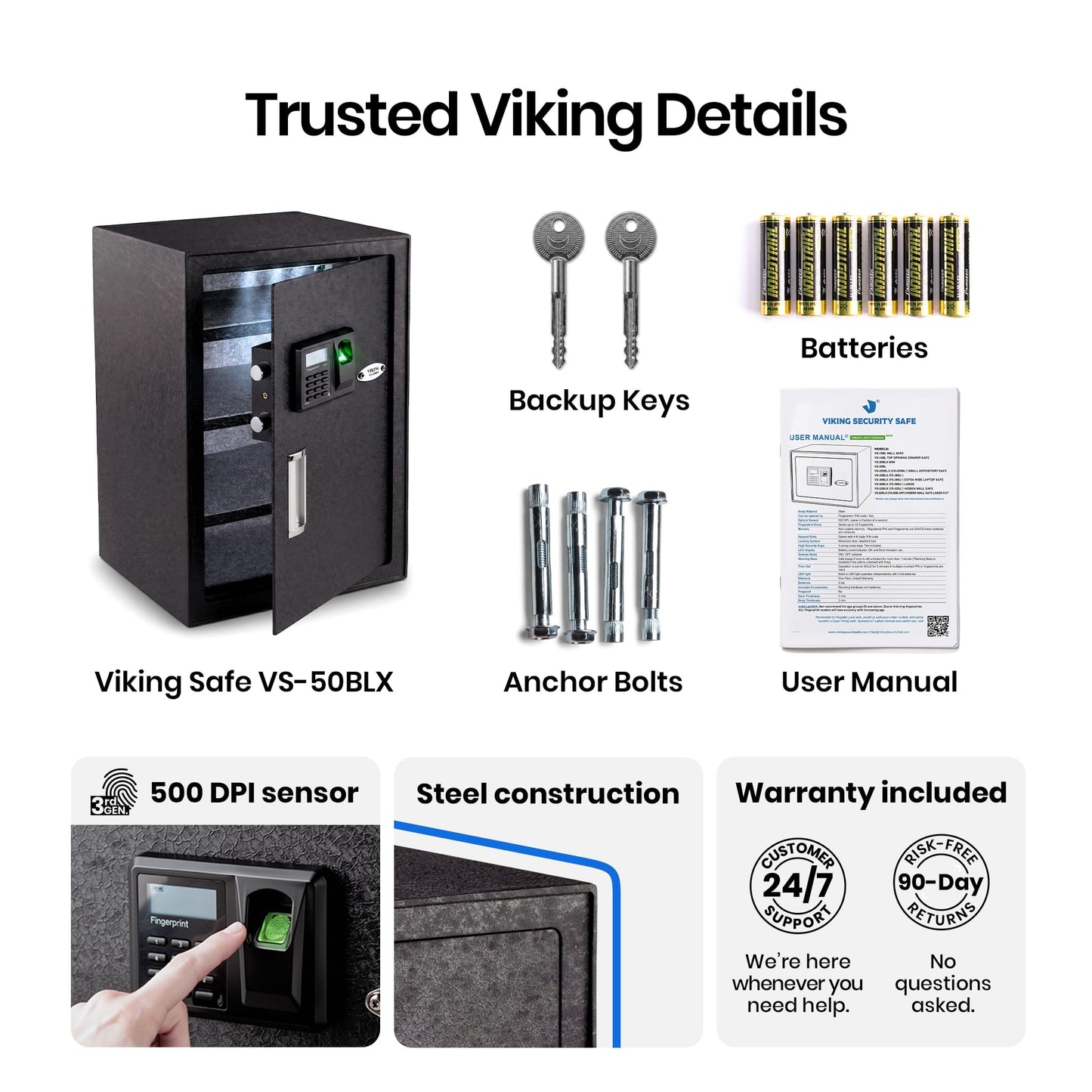 Viking Security Safe Large Biometric Safe – Quick-Access Fingerprint, PIN & Key Entry, Heavy-Duty Steel with Anti-Pry Door, Adjustable Shelves, Interior LED Light VS-50BLX