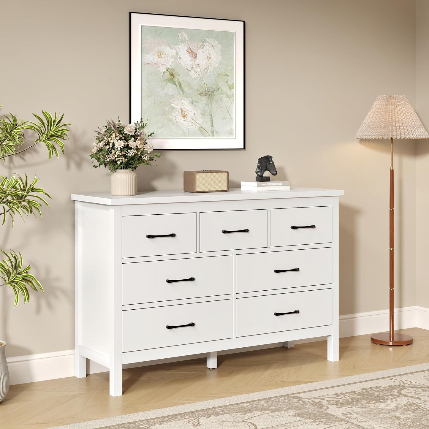 Tradare White Dresser for Bedroom with 7 Drawer,Wooden Double Dresser with Metal Handles, Wide Chest of Organizer Storage Drawers for Living Room, Hallway, Entryway