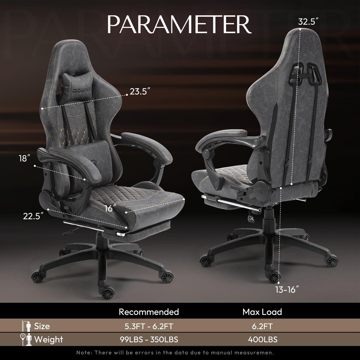 Dowinx Gaming Chair Big and Tall, Ergonomic PC Gaming Chair with Footrest & Massage, Racing Style Reclining Computer Chair for Adults, 400LBS Capacity - Heavy Duty Gamer Chair (Grey)