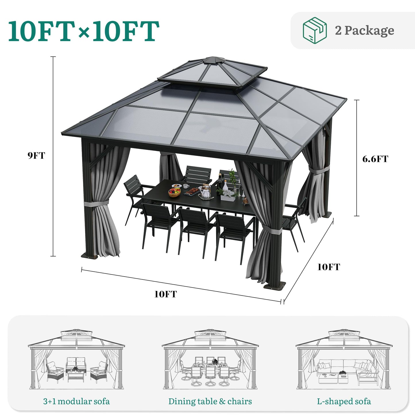 YITAHOME 10X10FT Polycarbonate Hardtop Gazebo Outdoor Patio Double Top Canopy Galvanized Iron Metal Column Garden Tent Curtains Netting for Backyards Decks Lawns,Gray