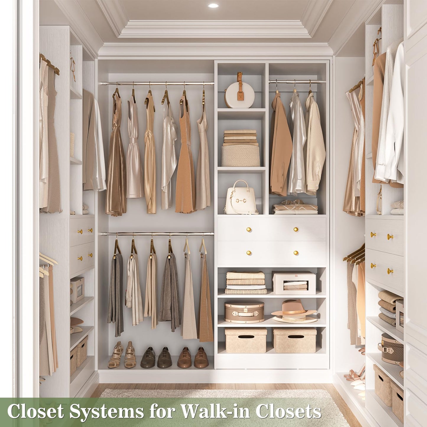 Besiost Closet System, 4.2–8.8 FT Closet Organizer with 2 Wooden Drawers and Shelves, Walk-in Closet System with 5 Hang Rods, Built-in Reach in Closet Tower, Can Fit 60 to 96 inch, White