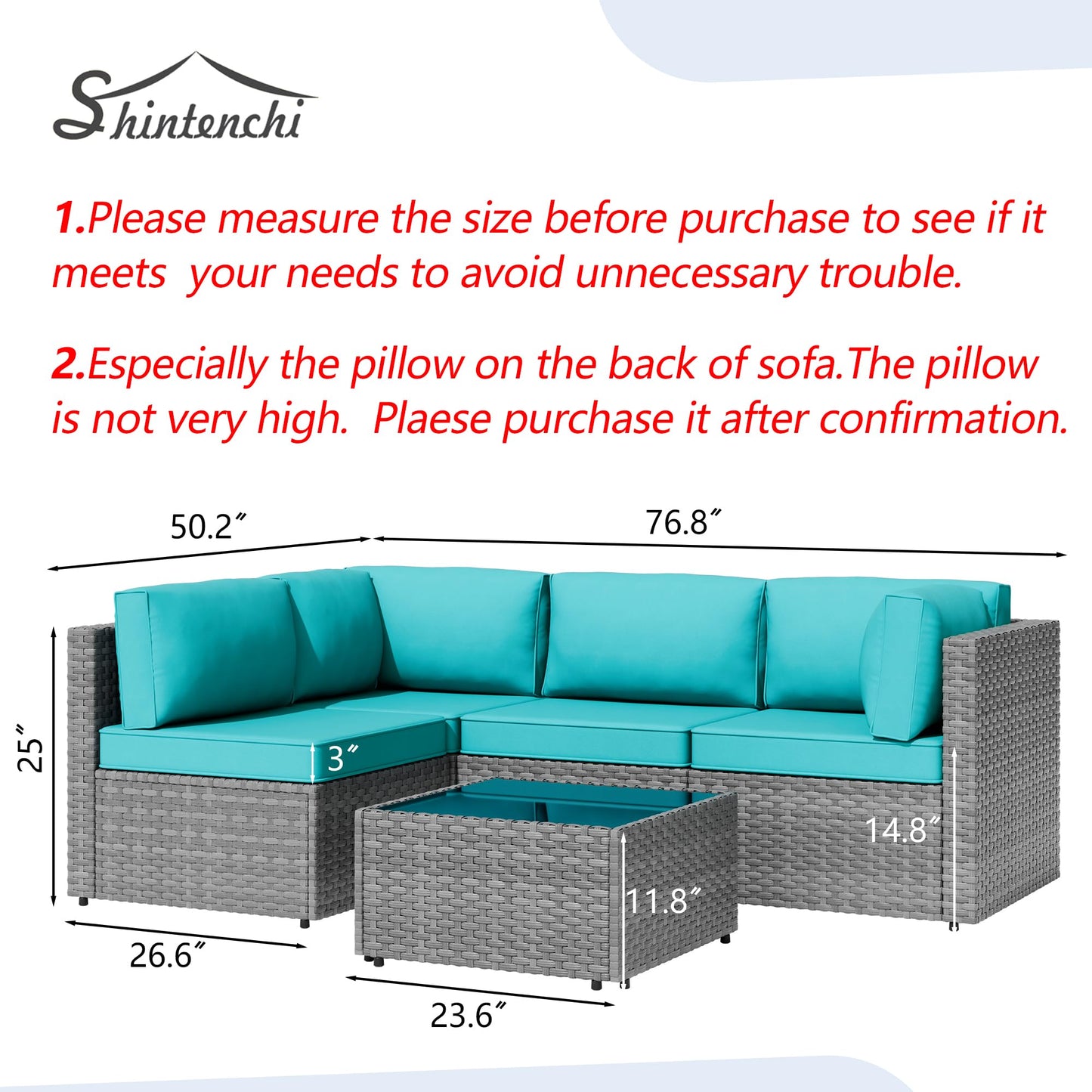 Patio Furniture Sets, 5 Piece Outdoor Sectional Sofas, Wicker Rattan Outdoor Furniture Patio Conversation Set, All-Weather PE Rattan Outdoor Couch for Backyard, Garden, Gray & Blue