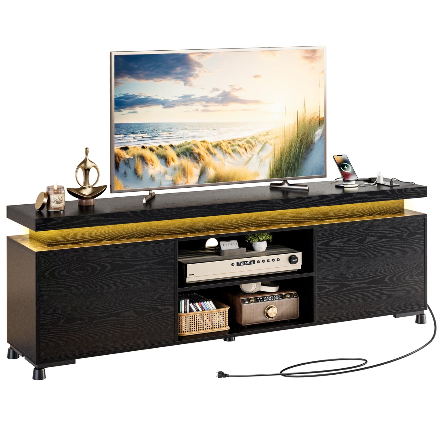 IRONCK TV Stand for 85 inch TV, TV Console with LED Lights and Power Outlet, Long Entertainment Center with Cabinets and Storage Shelves, TV Stand Black for Bedroom Living Room