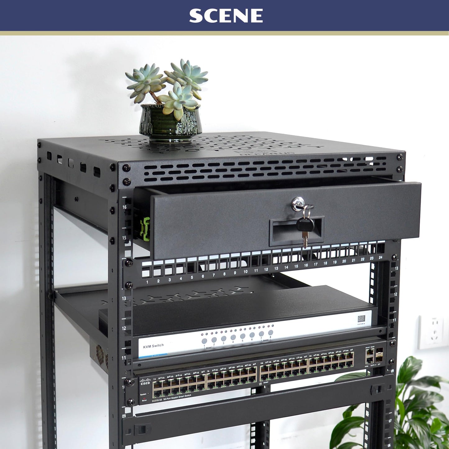 OCEANHUG 16U Server Rack Cabinet with Drawer & Full Size Rack Shelf - Integrated Top/Bottom Panels, 4 Rolling Wheels for 19" Equipment & Home Lab Studio