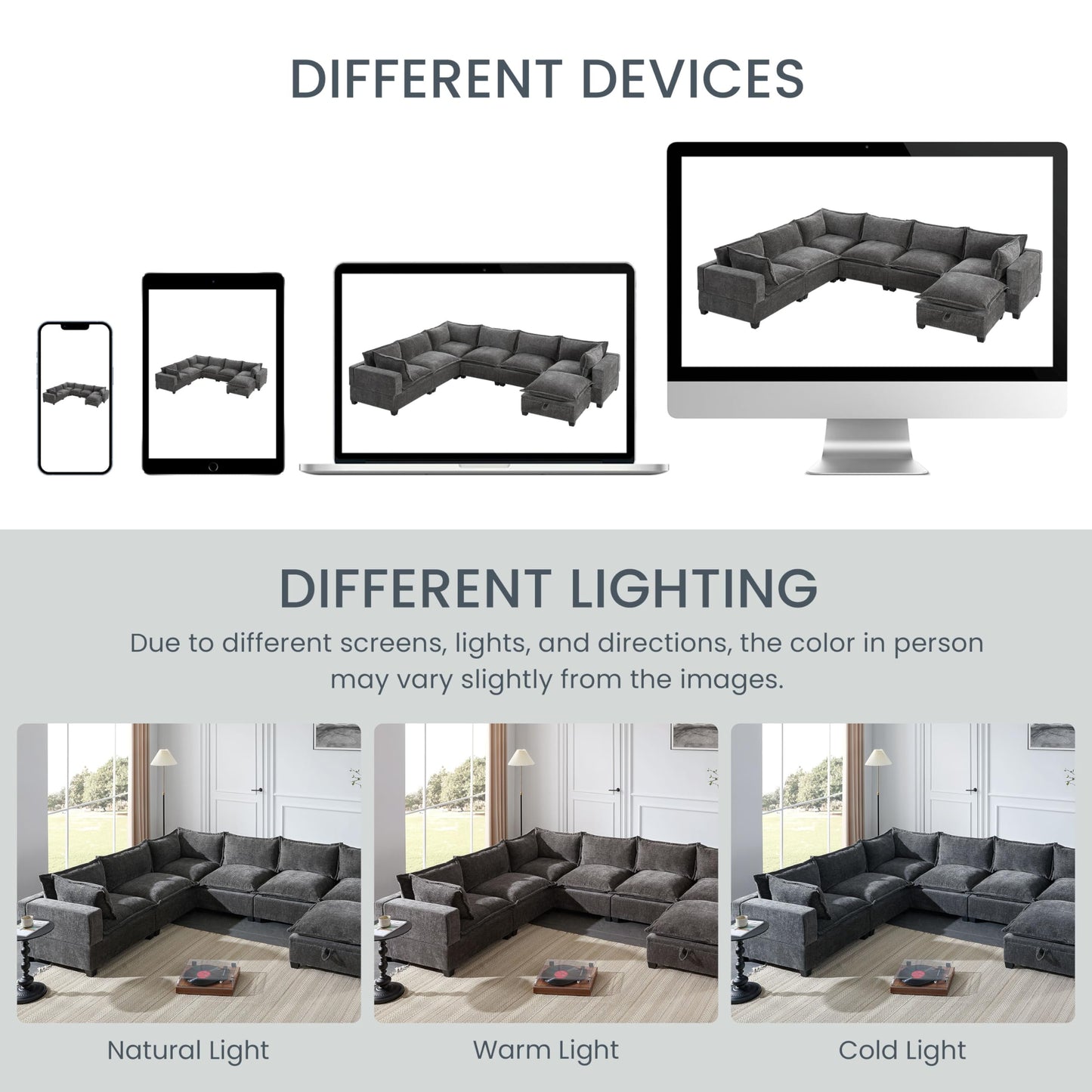 Merax Modern Oversized U-Shaped Sectional Sofa with Piollows & Chaise Lounge, Chenille 7-Seat Couch Set Sleeper Bed with Storage Ottoman for Living Room Gray