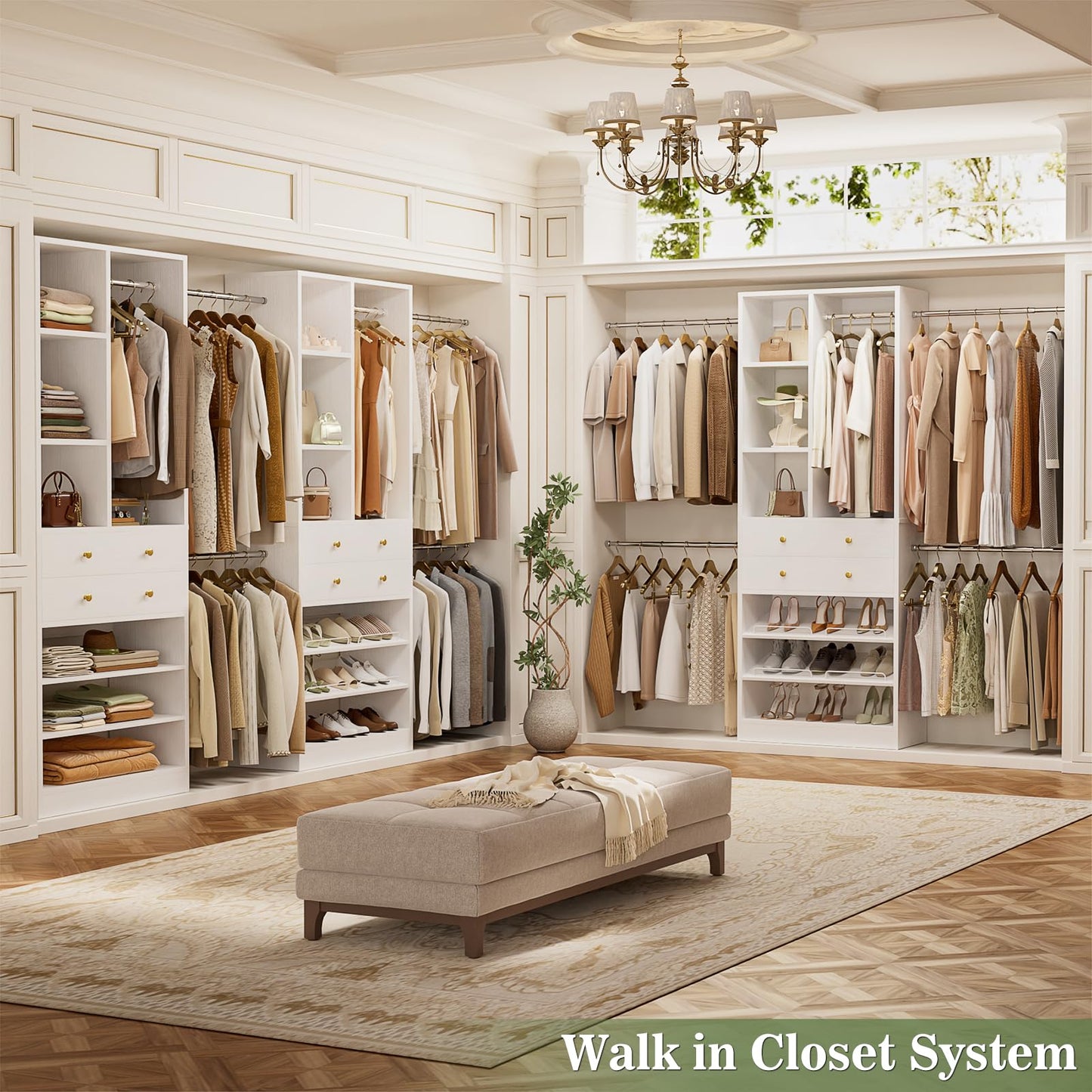Besiost Closet System, 4.2–8.8 FT Closet Organizer with 2 Wooden Drawers and Shelves, Walk-in Closet System with Hanging Rods, Built-in Closet Tower, Can Fit 60 to 96 inch, White