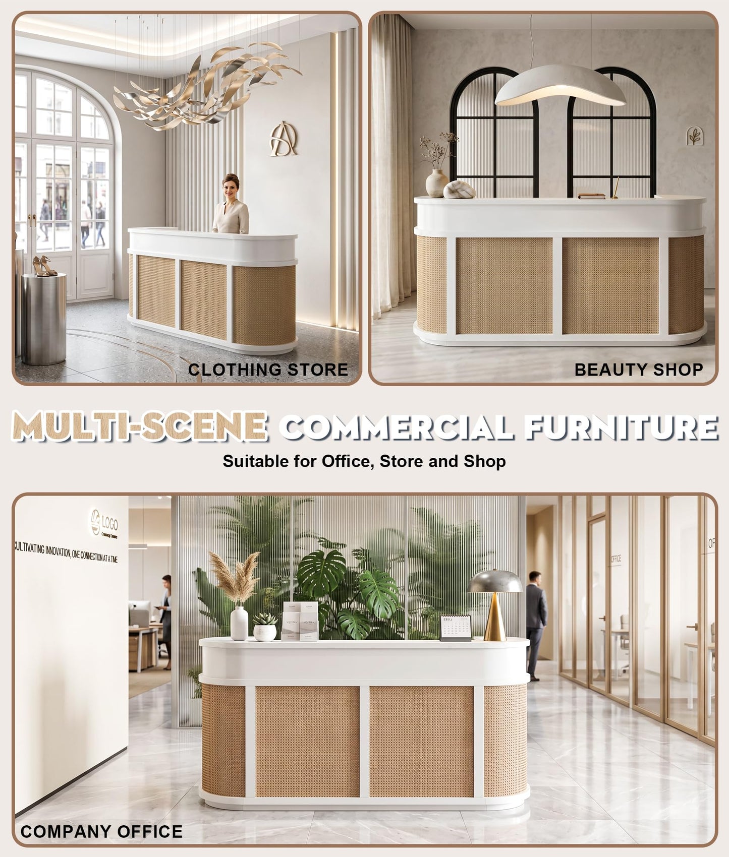 Fully Assembled Rattan Reception Desk, Modern Commercial Front Desk with Lockable Drawer & Cable Management Hole, Heavy Duty Wooden Checkout Counter for Office, Business, Beauty, Spa, Nail, Hair Salon