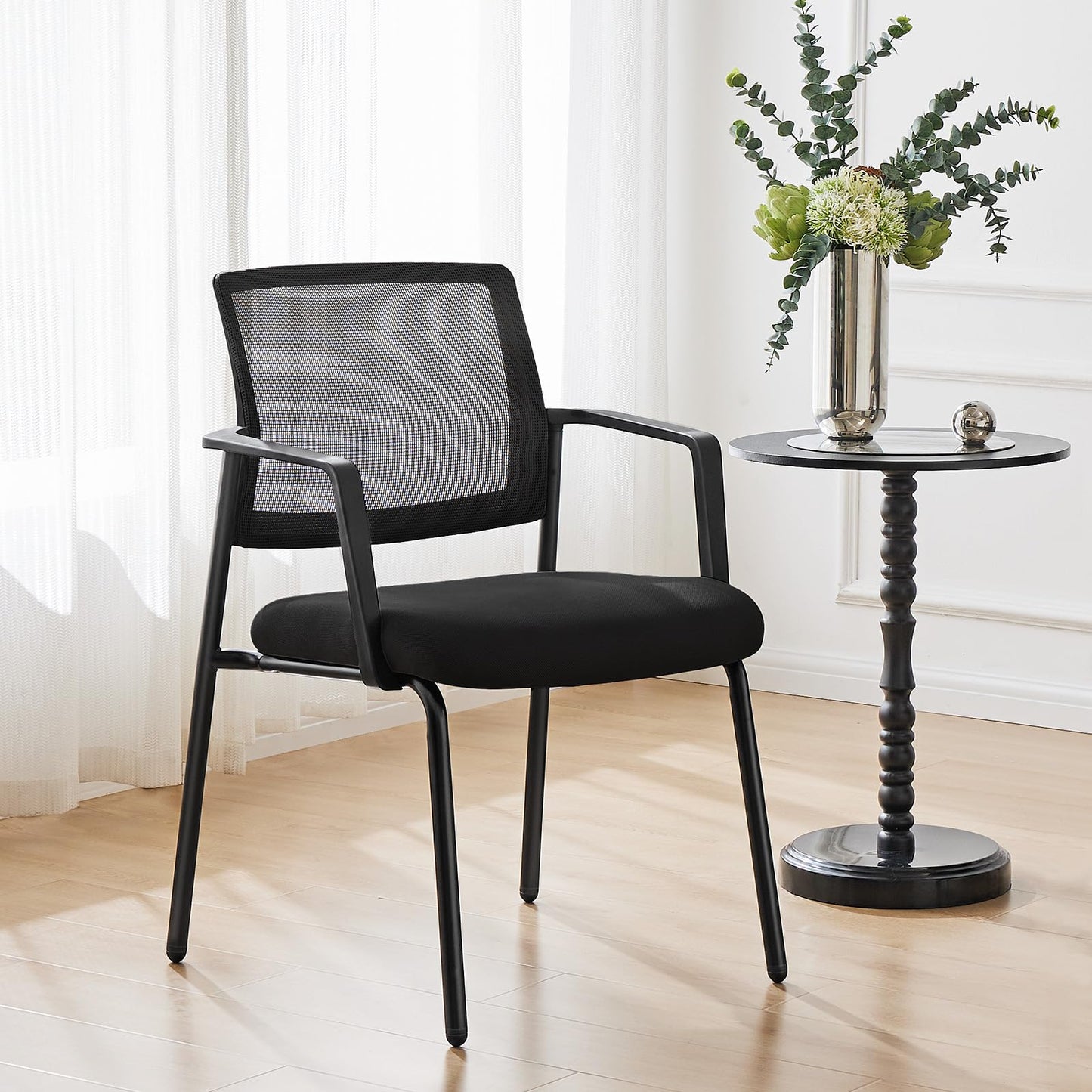 Sweetcrispy Mesh Back Stacking Arm Chairs, Upholstered Fabric Stacking Chairs, Sturdy Metal Office Chairs, Easy to Use and Store, Outdoor and Indoor, for Home, School, Party, Church, 4 Pack Black