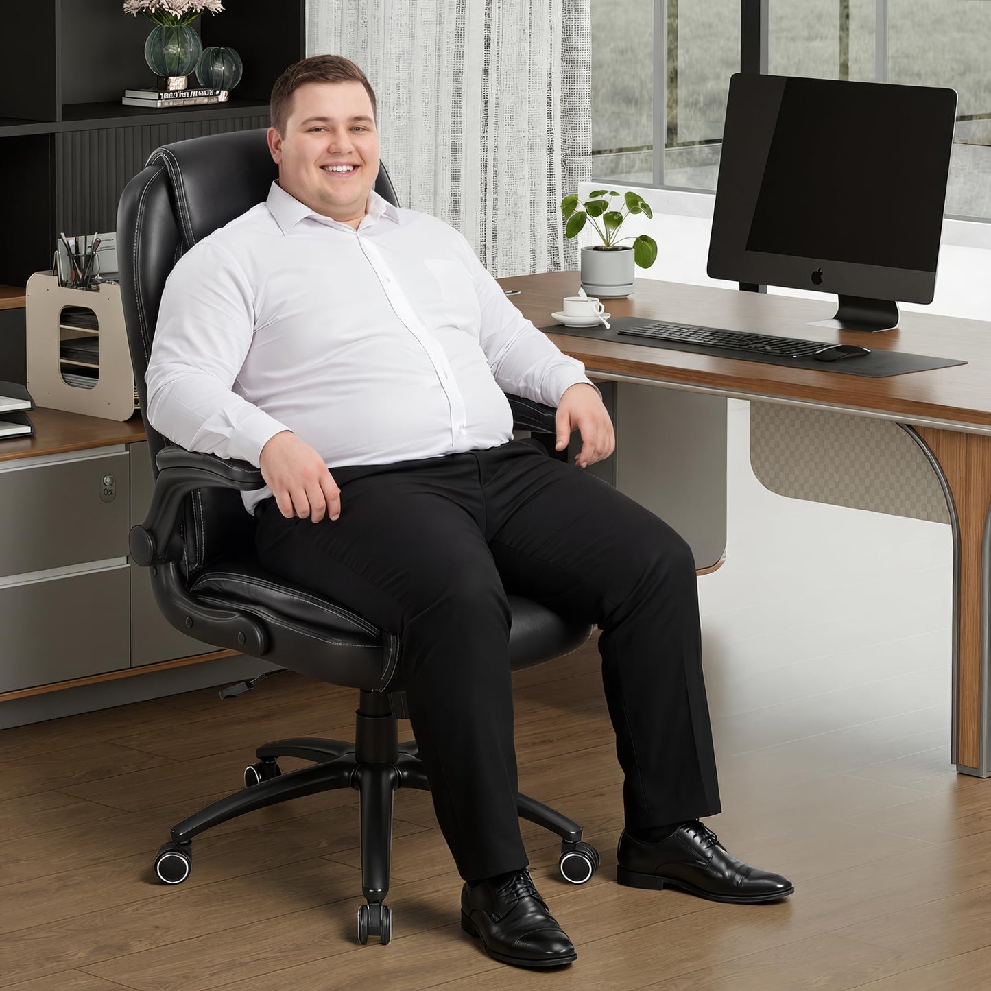 MALOL 400lbs Capacity Executive Desk Chair Set of 2 with Ergonomic Lumbar Support, Flip-up Arms & High Back Leather Computer Chair for Home/Office, Black