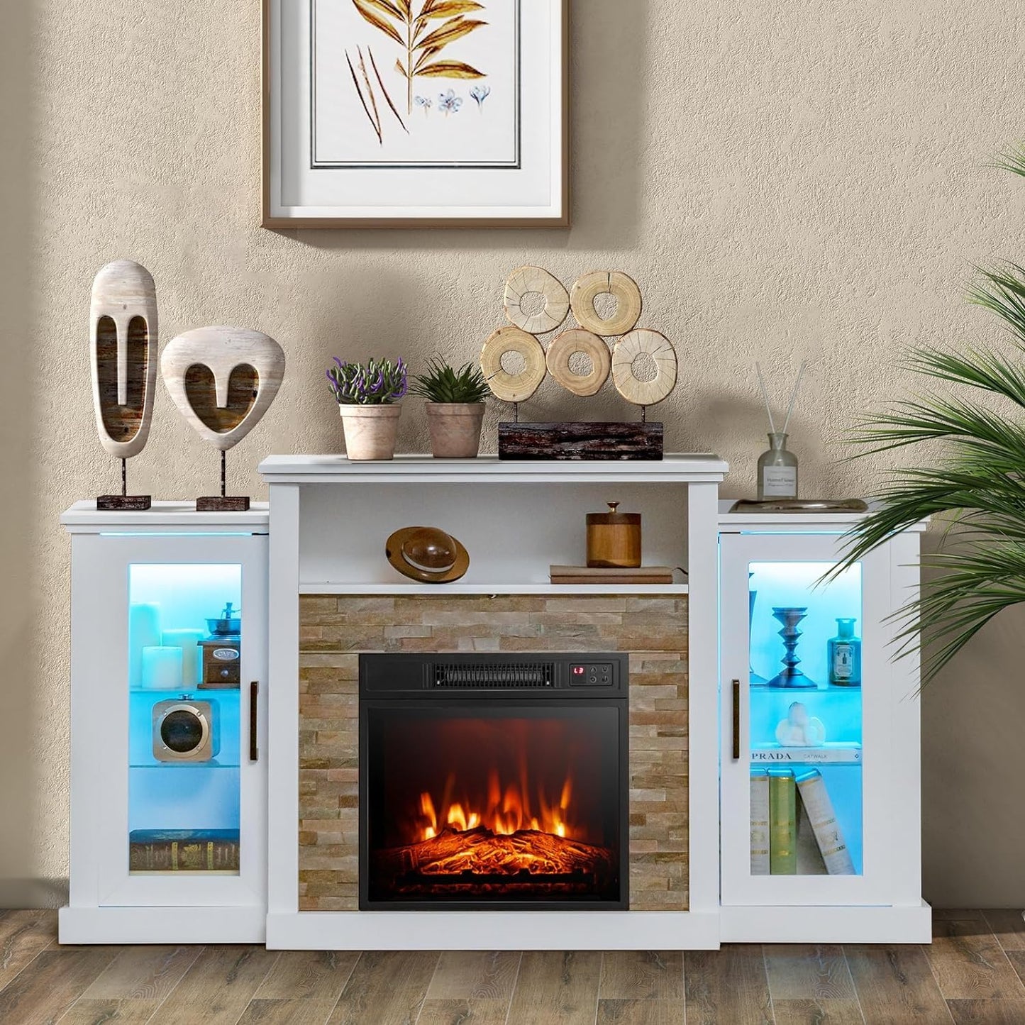 Byroce Electric Fireplace TV Stand for 65'', TV Console with 16-Color LED Light, Adjustable Glass Shelves, 19'' Fireplace Insert with Remote & APP Control, Entertainment Center (White)