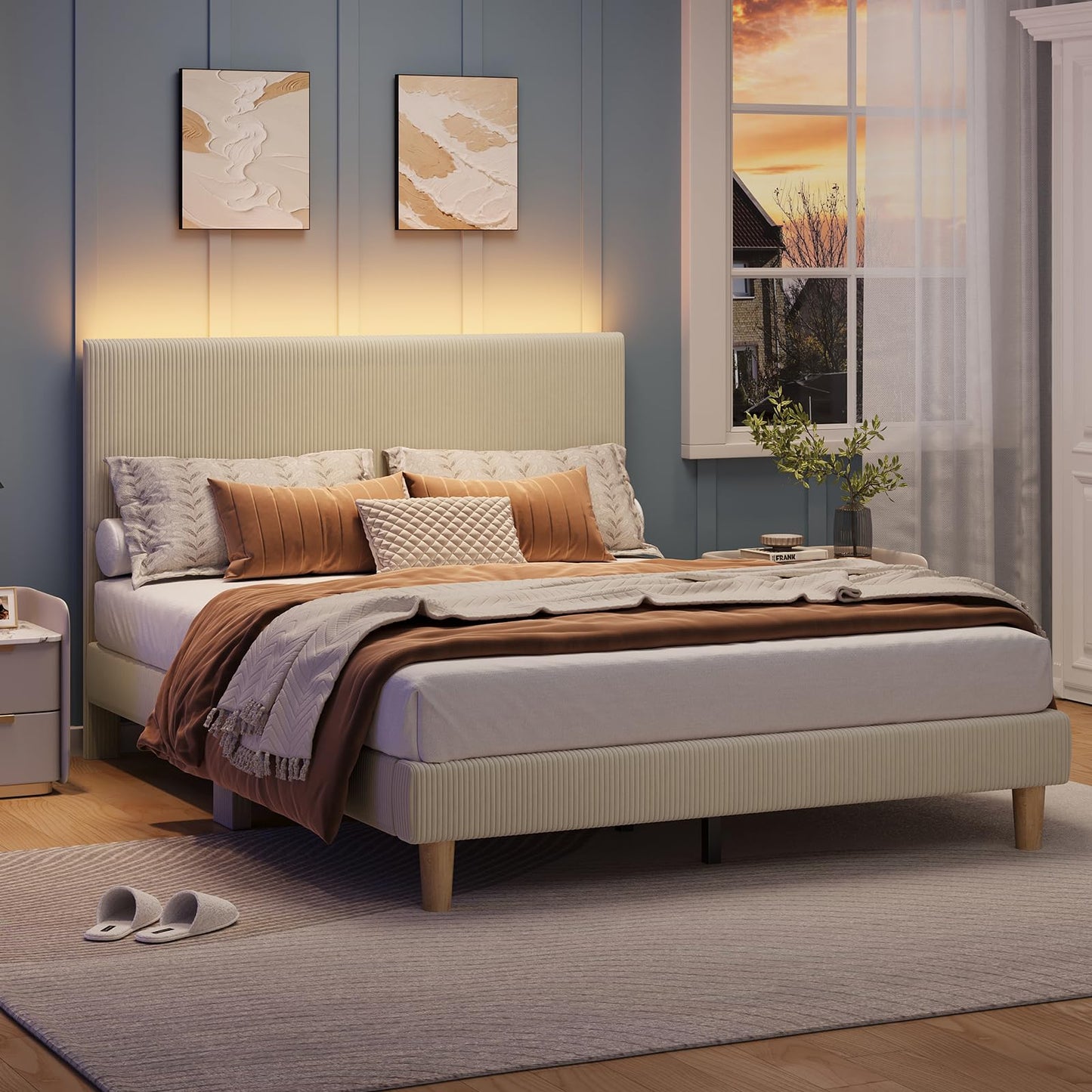 Bestier Queen Bed Frame with Adjustable Headboard, LED Lighting, Vertical Channel Tufted Corduroy Upholstered, Solid Wooden Slats Support, No Box Spring Needed, Never Squeaks, Easy Assembly, Taupe