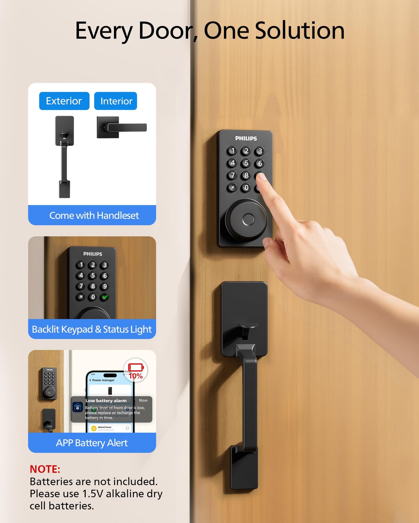 Philips Wi-Fi Smart Door Lock with Handle Set, Keypad Deadbolt for Front Door, Fingerprint Keyless Entry Door Lock with App Remote Control, IP53 Waterproof, Auto Lock, Security Easy Installation