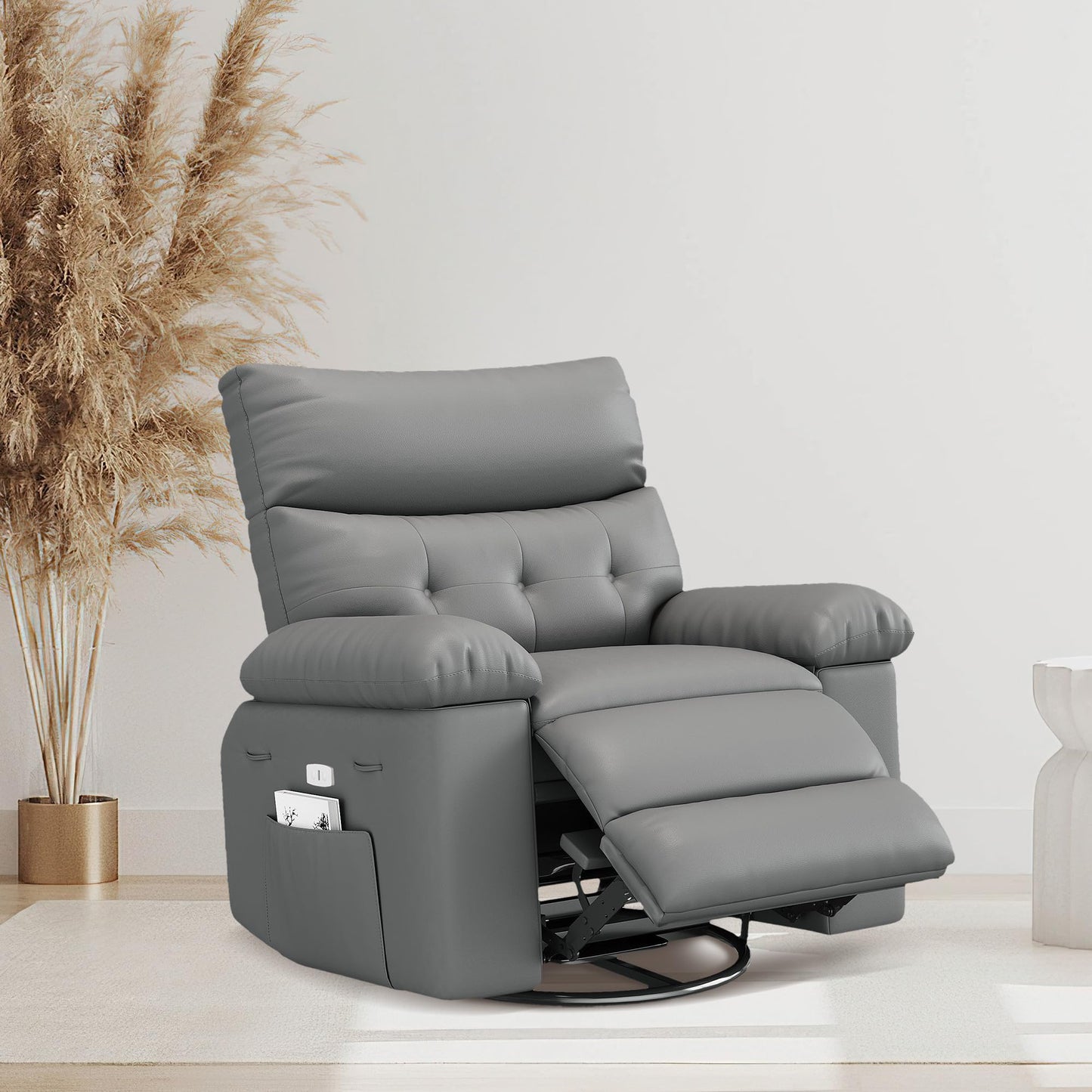 IDEALHOUSE Power Recliner Chair with Massage and Heat, Leather Fabric Reclining Sofa Chair, 360° Swivel Recliner Chairs with Cup Holder for Living Room, Bedroom, Nursery, Grey1