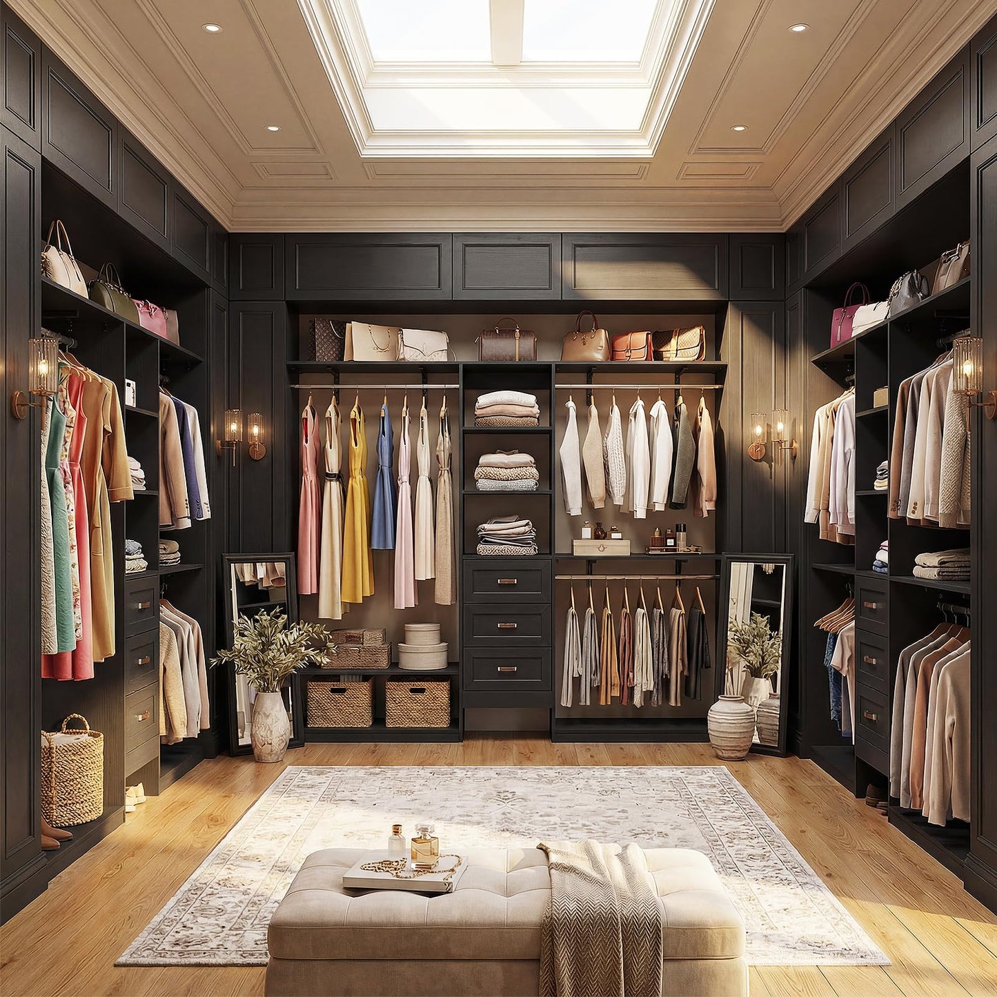8FT Closet System with 3 Curved Drawers, 96'' Wooden Walk-in Closet Organizer with 3 Top Shelves, Adjustable Organizer System with 3 Hanging Rods, Built-in Wardrobe Storage Rack for 4-8 ft, Black