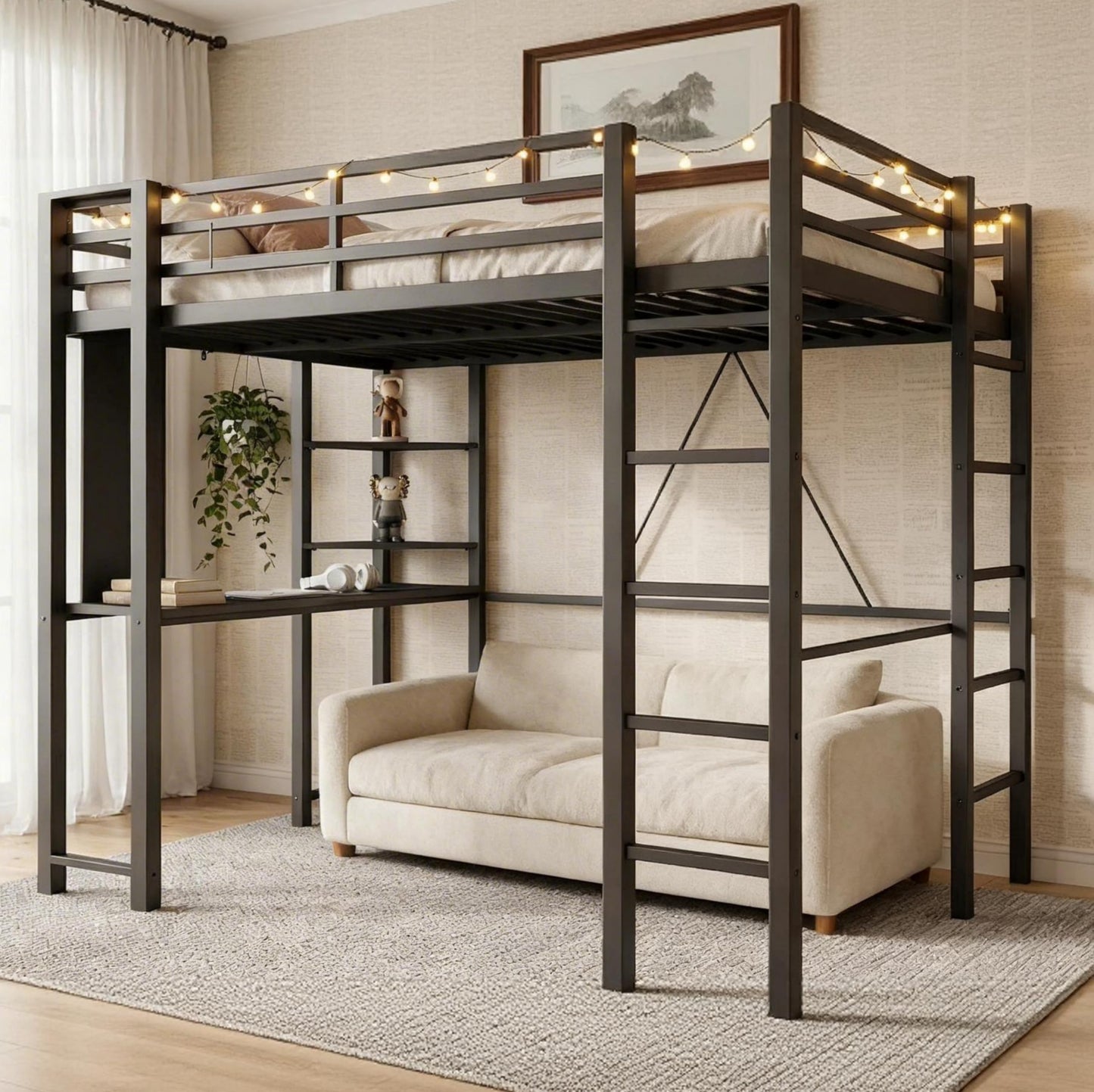 SUNLEI Loft Bed with Desk, Metal Loft Bed Full Size with 2 Built-in Ladders, Space-Saving Bed Frame, with Safety Guard, Noise Free for Small Bedroom, (Full Size) Black