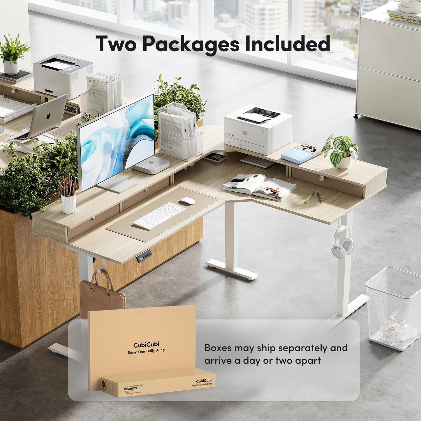 CubiCubi 63x48 Inches L Shaped Standing Desk with 3 Drawers and Monitor Shelf, Height Adjustable Corner Computer Desk with Hooks, Sit Stand Up Ergonomic Home Office Workstation Table, Light Walnut