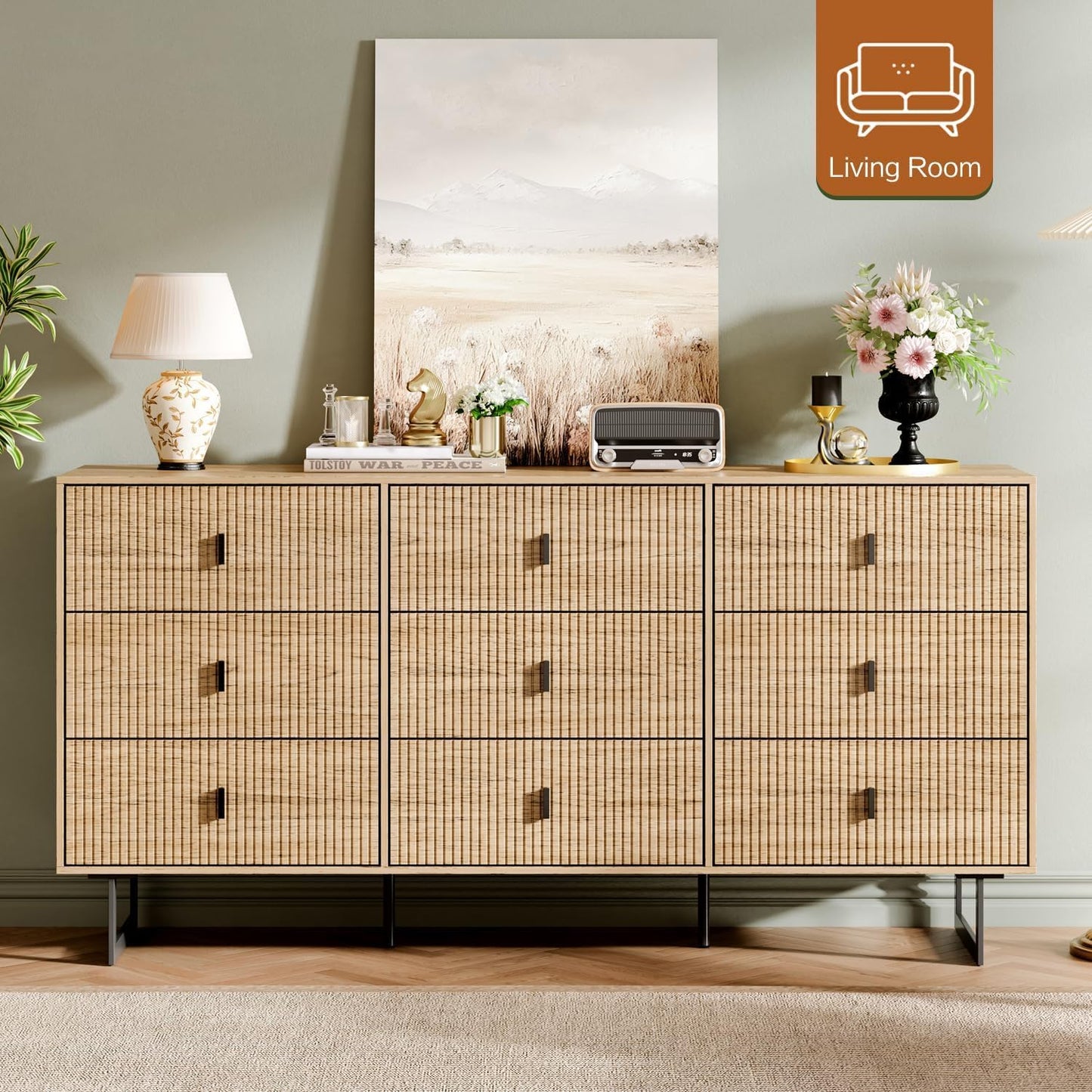 Chrangmay Modern Chest of Drawers with 9 Drawers,Deep Drawers,Clothes Organizer,Large Storage Cabinet for Living Room, Bedroom,Hallway,with Anti-Tipping Device, Oak