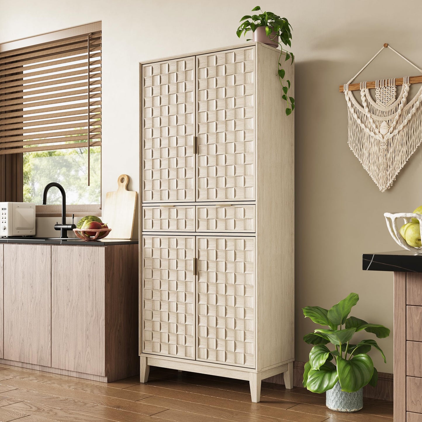 Pantry Cabinet, 71" Tall Pantry Cabinet,Modern Kitchen Cabinet with Doors, Drawers & Adjustable Shelves, Freestanding Food Pantry Cupboard with Side Rack for Kitchen Dining Room,Oak
