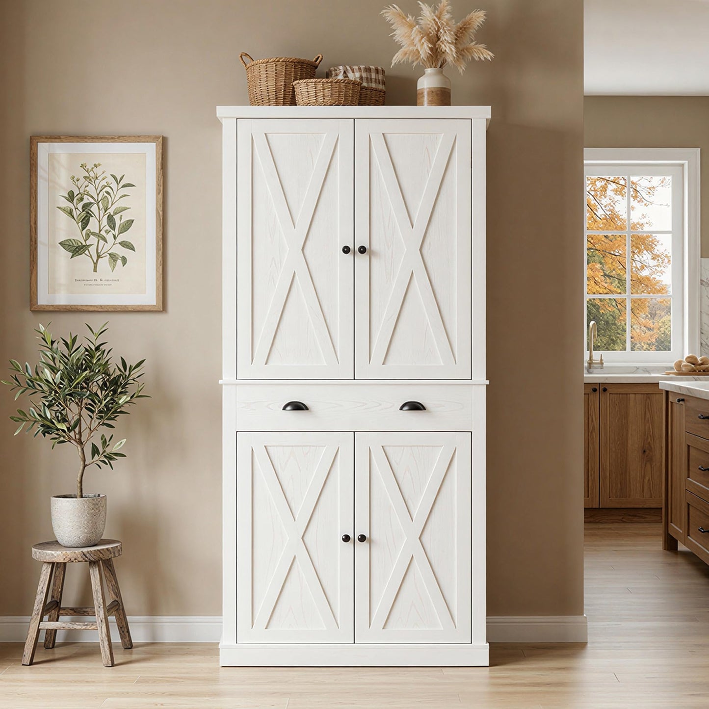 IRONCK 72.6" Tall Farmhouse Kitchen Pantry with Drawer and Adjustable Shelves, Freestanding Storage Cabinet with X-Design Doors, Large Floor Cupboard for Kitchen, Dining Room, White