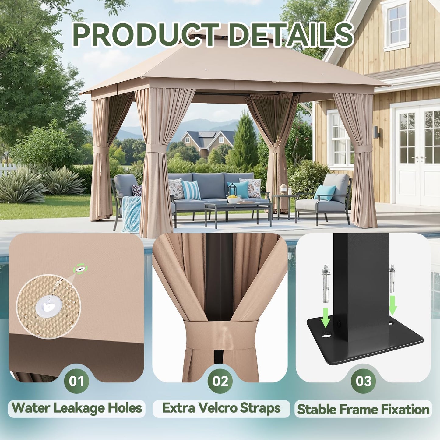 Aoxun 10x12 Outdoor Gazebo with 50FT LED Hanging Lights Metal Frame Canopy with Double Roofs Heavy Duty Party Tent Shelter with Mosquito Netting and Privacy Screen for Backyard, Lawn, Garden(Khaki)