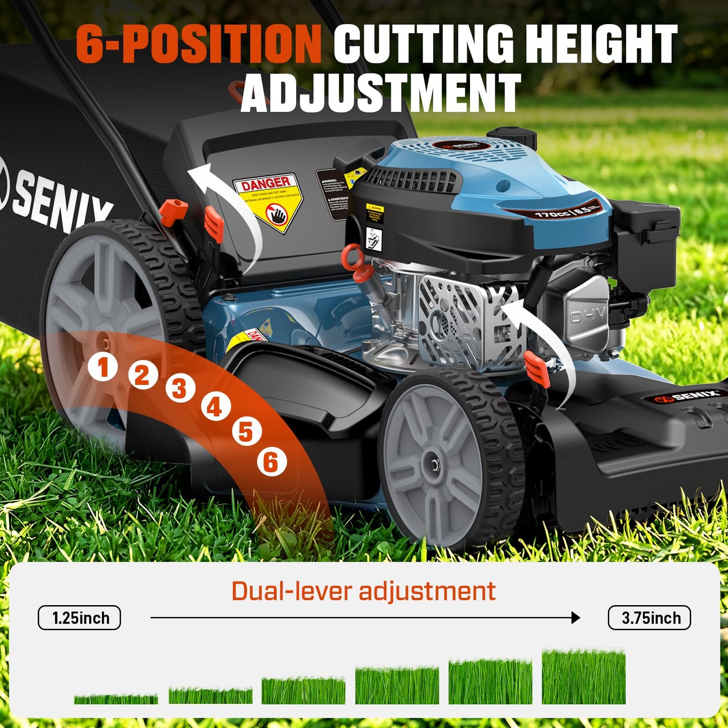 SENIX 21'' Self-Propelled Gas Lawn Mower (FWD), 170 cc 4-Cycle Engine 3.8 HP, 3-in-1 (Bagging/Mulching/Side Discharge), 6-Position Cutting Height Adjustment, 1.7 Bushels Grass Bag