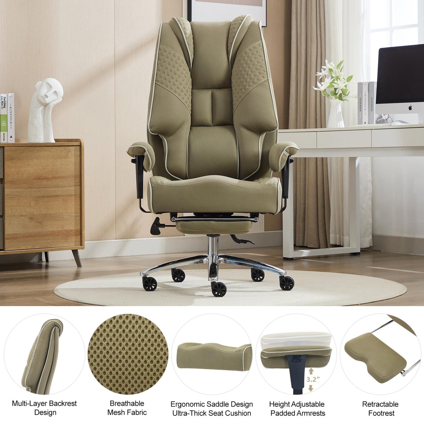 EXCEBET Big and Tall Office Chair 400lbs Wide Seat, Leather High Back Executive Office Chair with Lumbar Support, Ergonomic Chairs Padded Armrests & Thick Cushion (Mesh Green)
