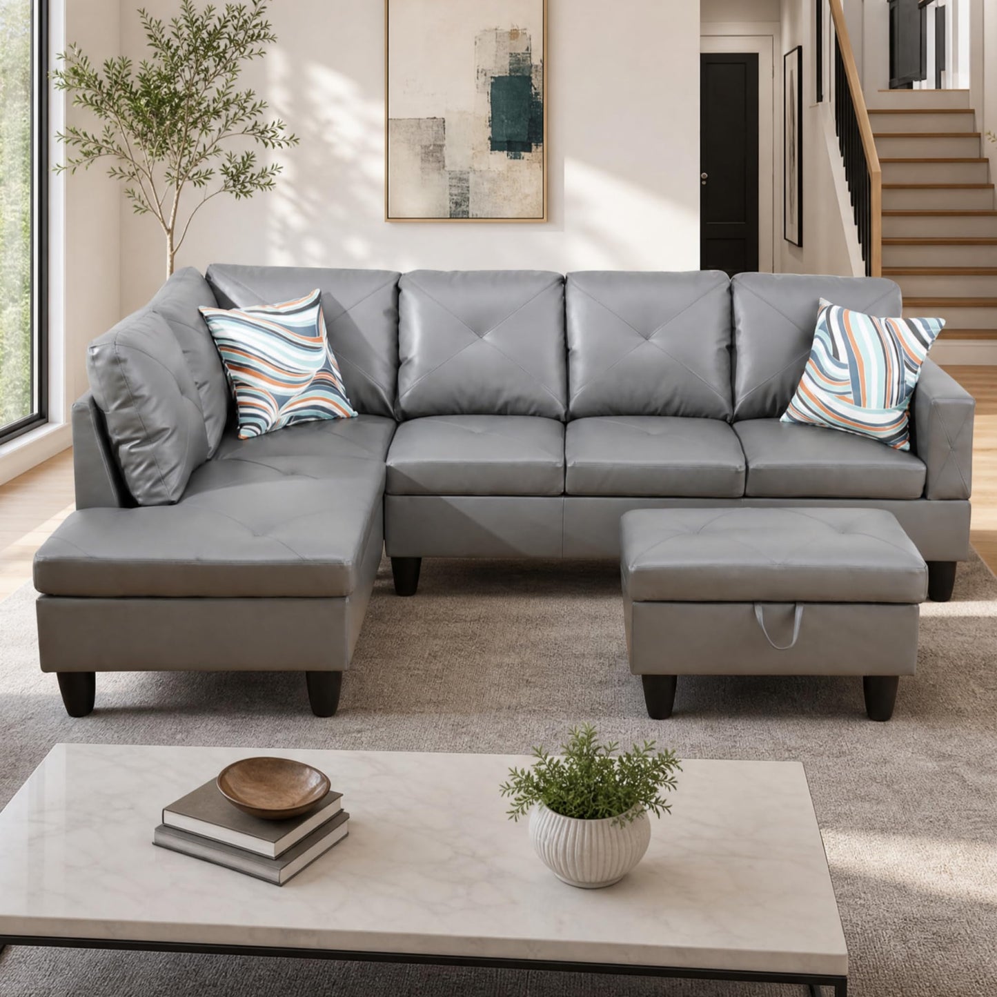 Trygoal 97" Leather L Shaped Couch with Left Chaise & Cup Holder, Sectional Sofas Modular Furniture Set with Storage Ottoman, Convertible Couches for Living Room, Small Space & Office (Grey)