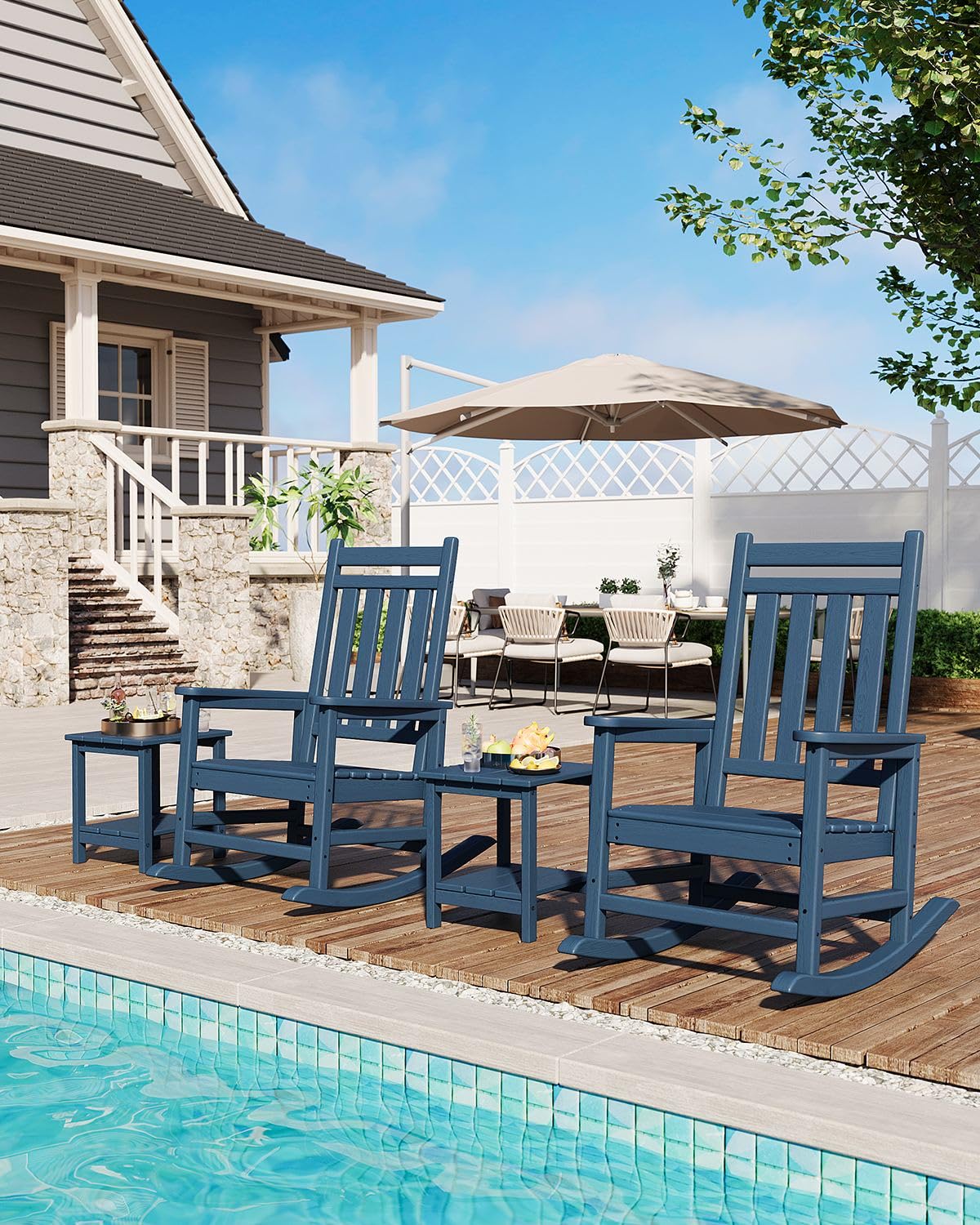 Garvee HDPE Rocking Chair Outdoor Set of 4 with 2 Side Table - Poly High Back Porch Rocker Chairs for Adults - All Weather Resistant Furniture for Patio Front Porch - Navy Blue