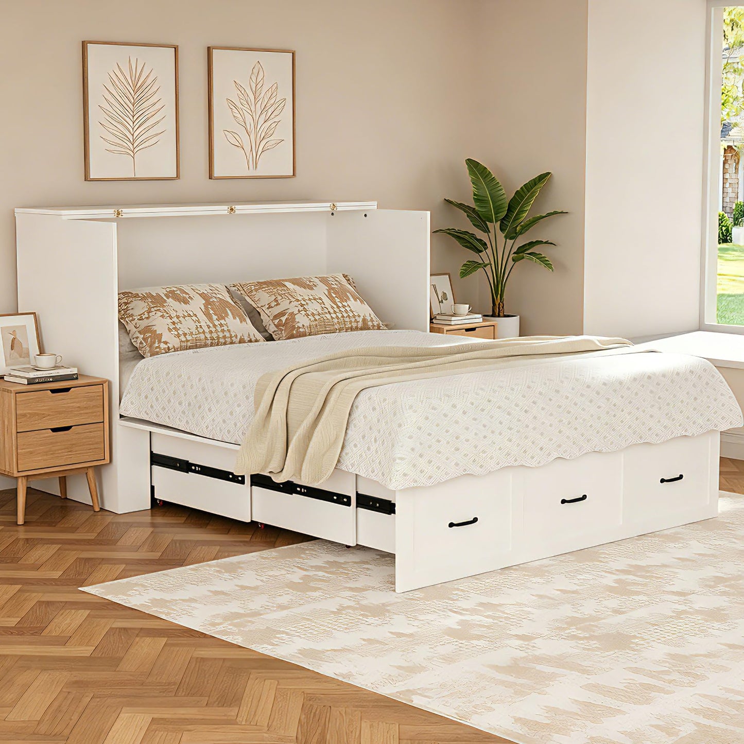 NBEETISM Full Size Murphy Bed with Storage & Charging Station – Farmhouse Cabinet Bed, Space Saving & Noise-Free Wall Bed for Guest Bedroom, Living Room, Office, White