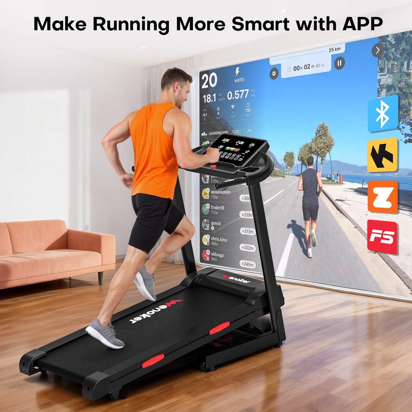 WENOKER Treadmills for Home,Treadmill with 0-15% Auto Incline,3.0HP Folding Treadmill with App, Max 8.7 MPH,300 LBS Capacity, Incline Treadmill Equipped with Bluetooth & Pulse Monitor