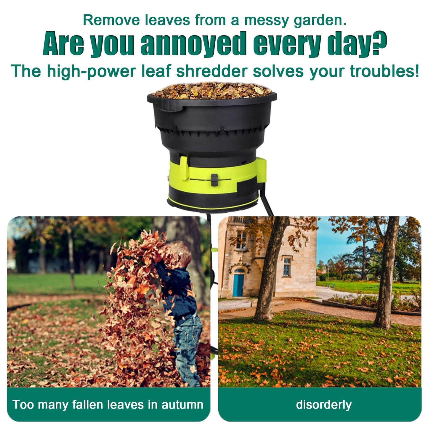 AGFKXO Leaf Mulcher, Electric Leaf Mulcher Cordless 8000 RPM, Leaf Shredder 17:1 Leaf Shredder Rate,Leaves Collector Adjustable Leaf Shredding Size, for Lawn and Garden,Power Cord×30m