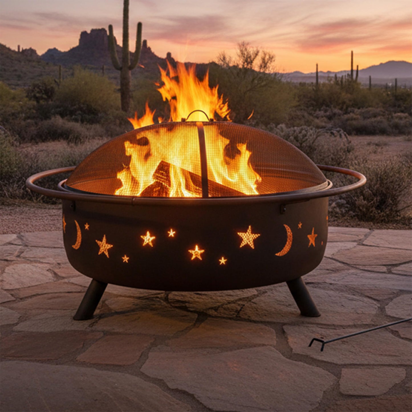 Sunnydaze Cosmic 42-Inch Large Outdoor Fire Pit - Wood-Burning Firepit for Outside Patio, Backyard, Deck - Steel - Wood Grate, Spark Screen, and Fireplace Poker Included - Bronze - 34” Bowl Diameter
