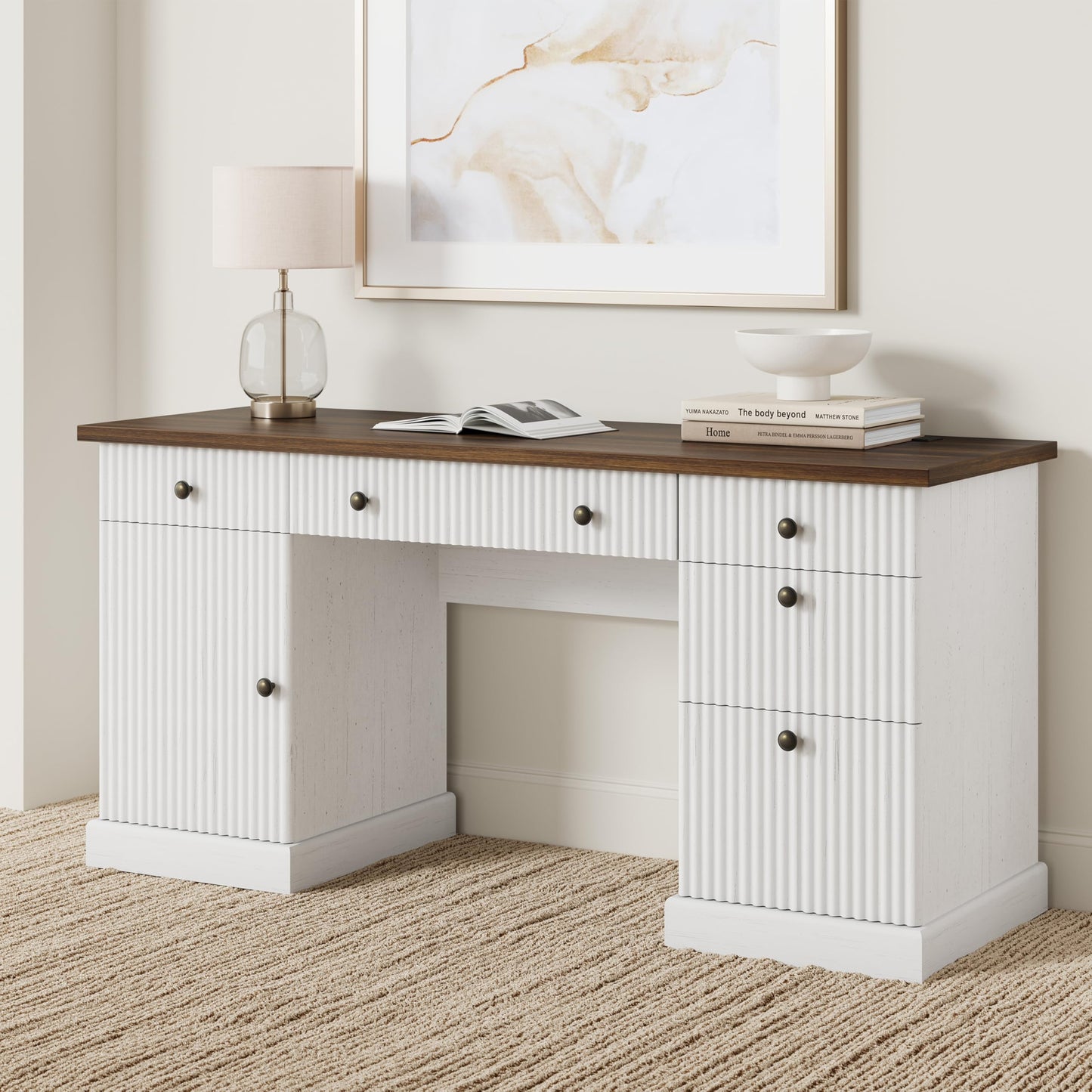 IDEALHOUSE 60 Inch Modern Executive Desk with Charging Station, USB-C/A Ports & 6.56ft Cord - Walnut & White Fluted Wood Office Desk with File Drawers, Sturdy Computer Desk for Home Office